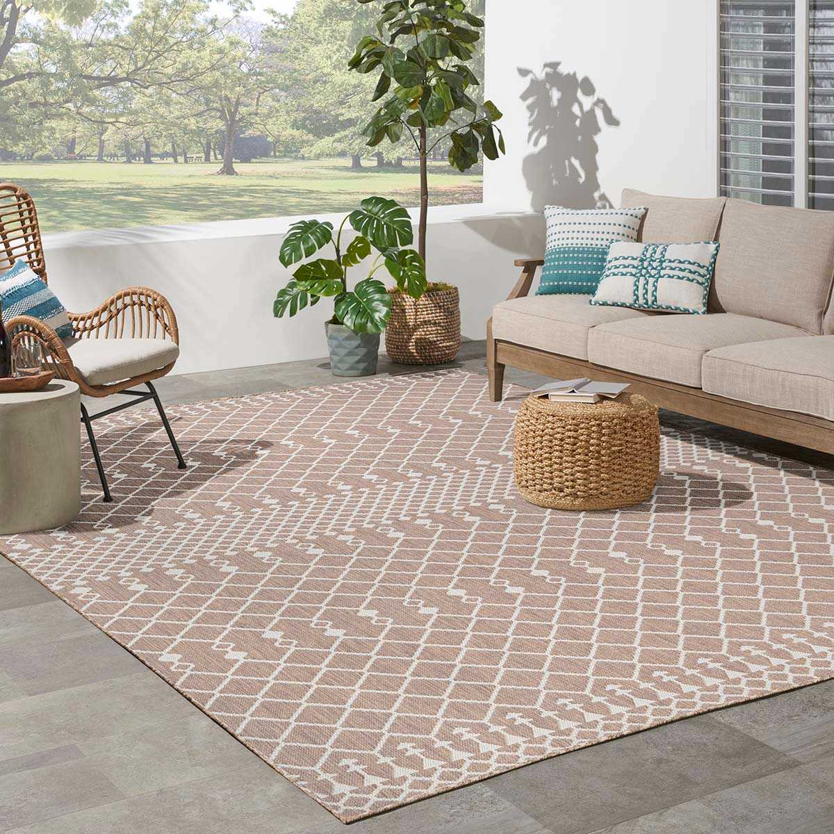(E527) Beige Moroccan Outdoor Area Rug, 5x7