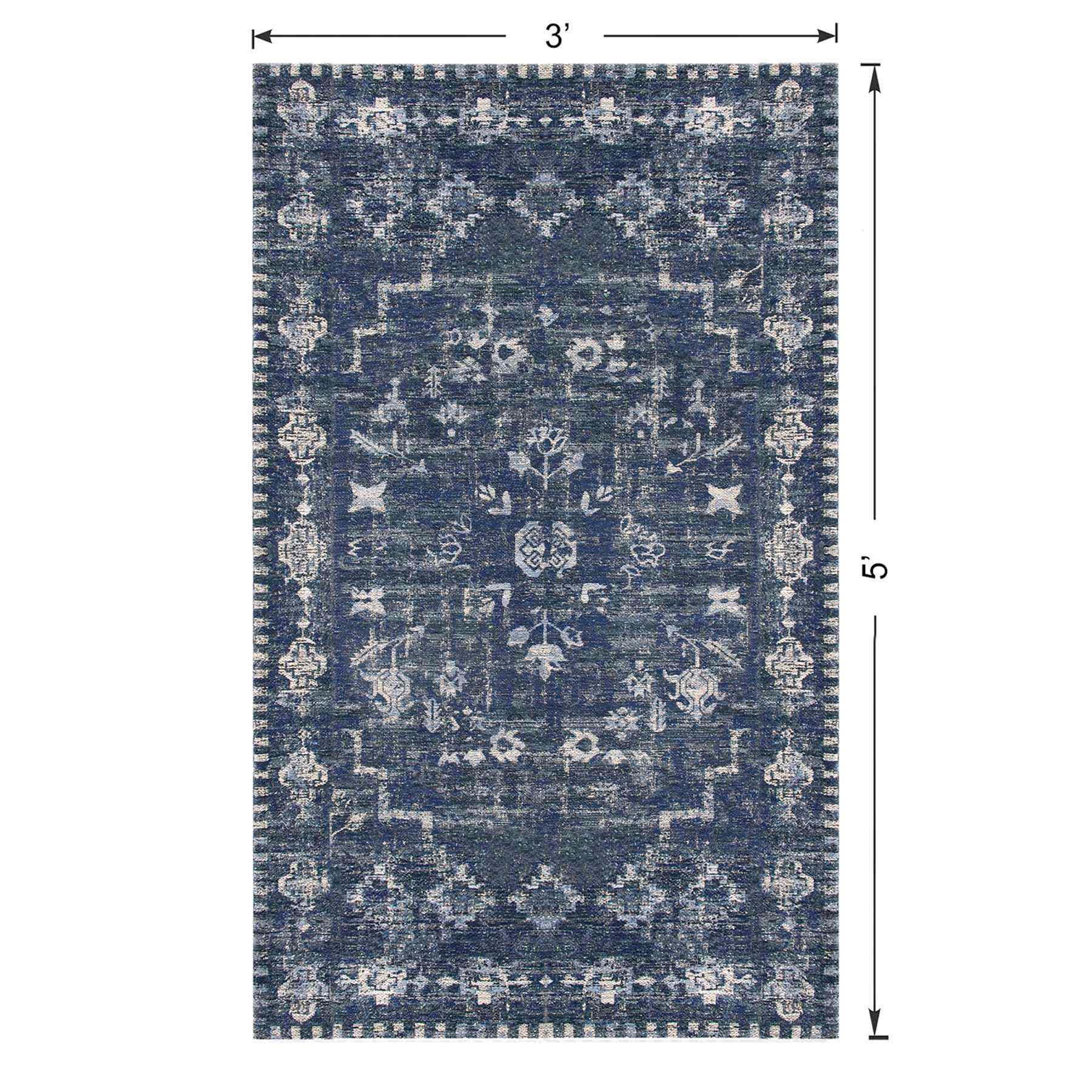 (B823) Teagan Navy Blue Floral Flatweave Accent Rug, 3x5
