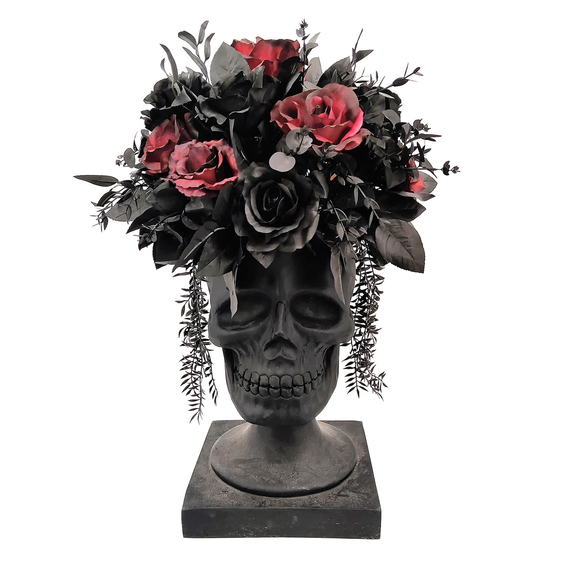 Midnight Shadows Red & Black Rose in Skull Vase, 26"