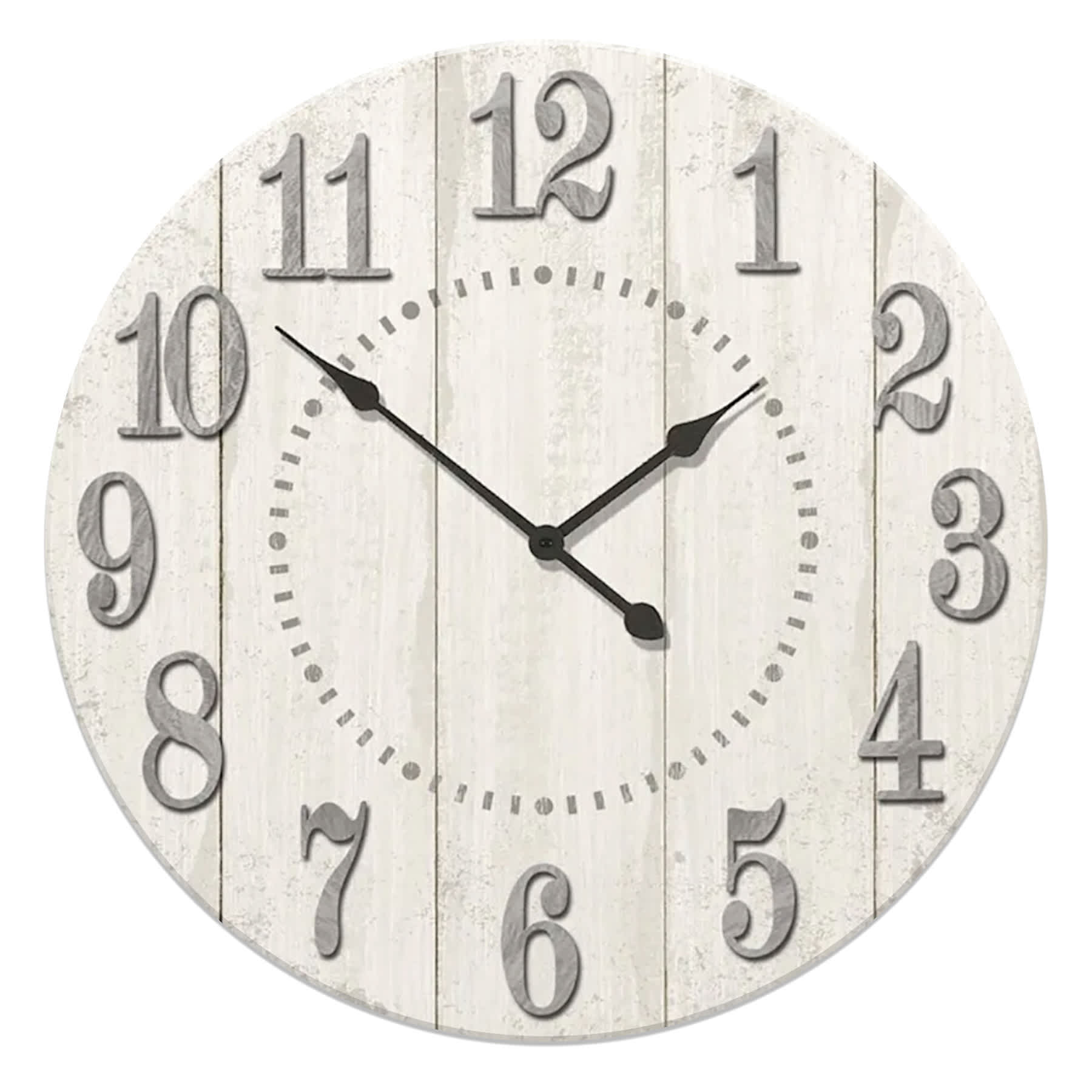 Whitewash Plank Round Wall Clock with Raised Numbers, 14.5"