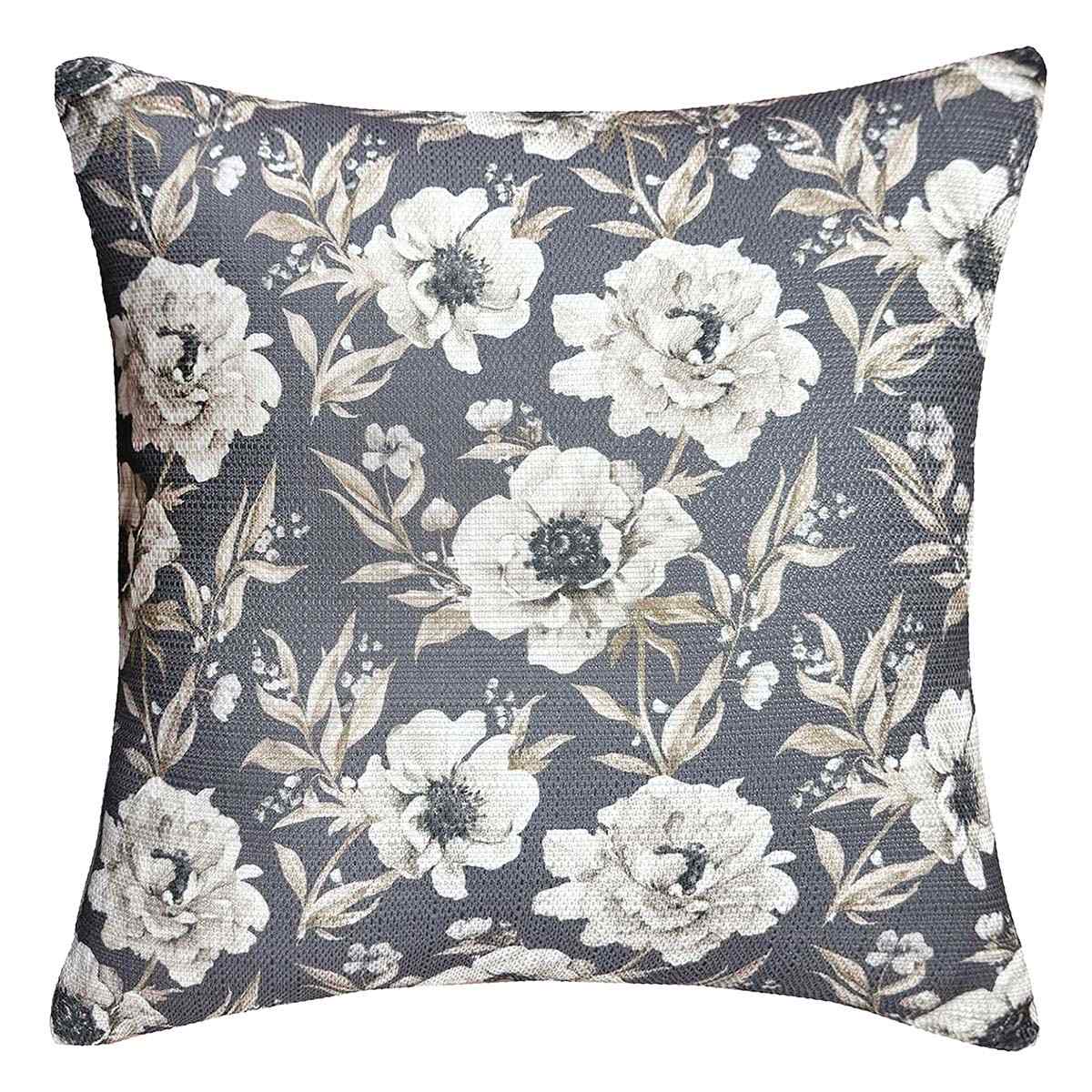 Charcoal Peony Printed Throw Pillow, 18"