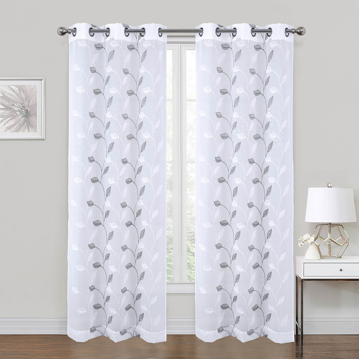 White & Grey Embroidered Sheer Grommet Curtain Panel, 84"