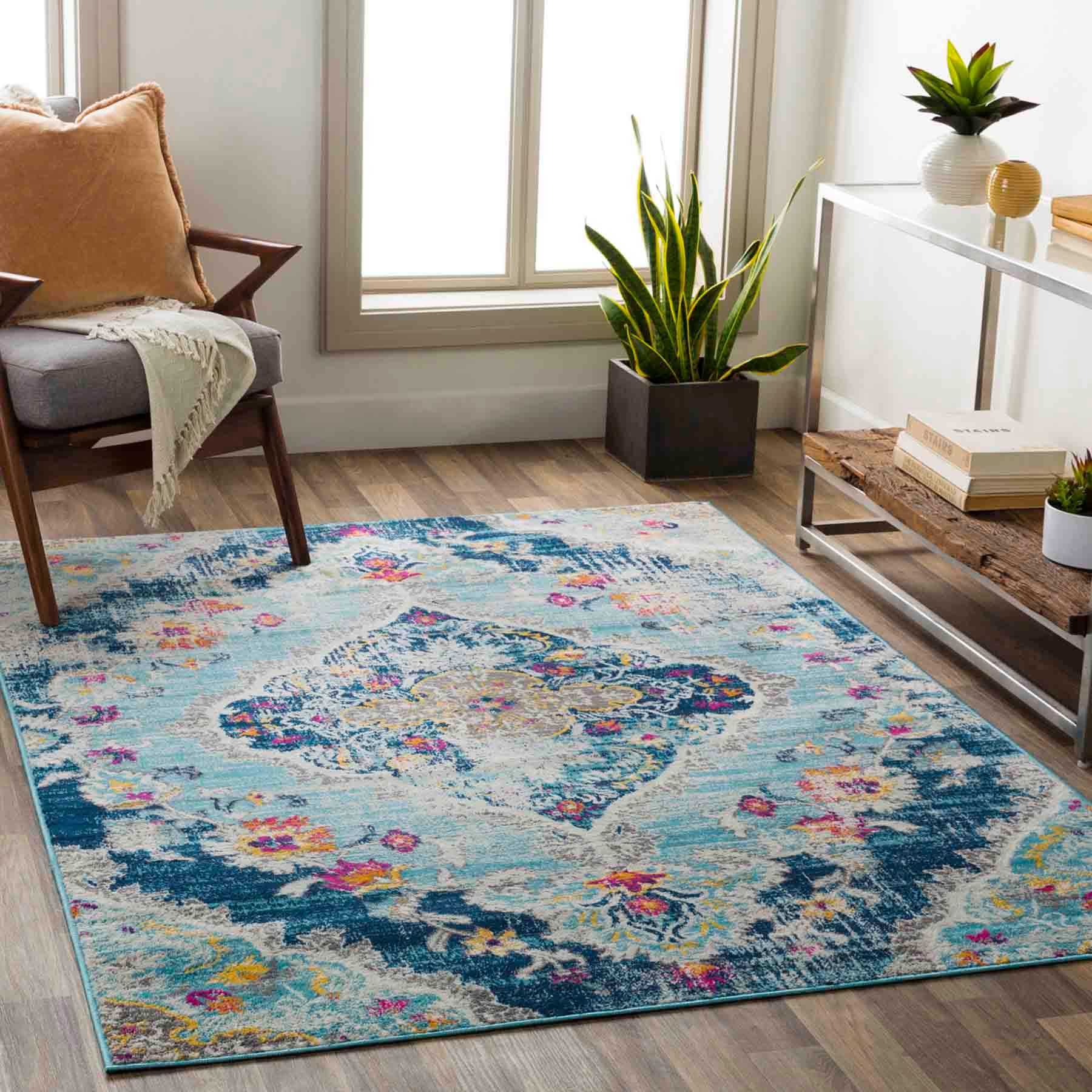 (D493) Floransa Blue Medallion Accent Rug, 3x5