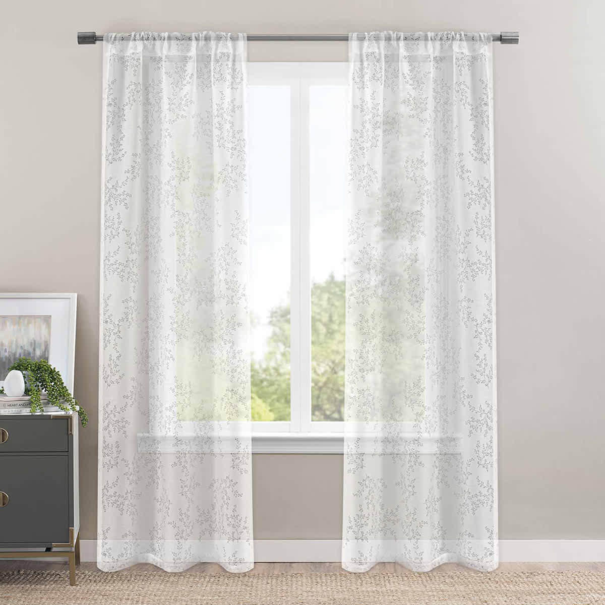 White Botanical Leaf Burnout Sheer Curtain Panel, 84"