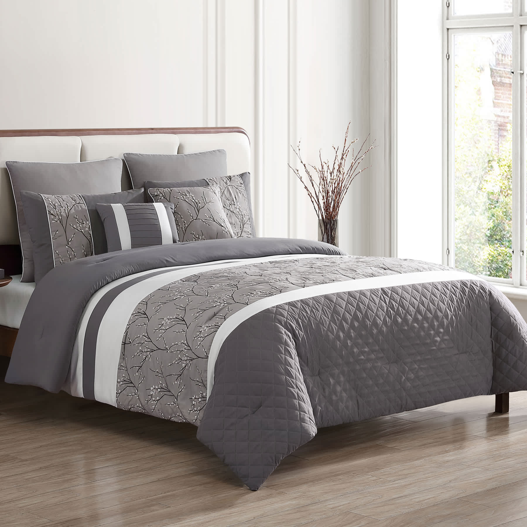 7-Piece Wayton Grey Comforter Set, Full/Queen