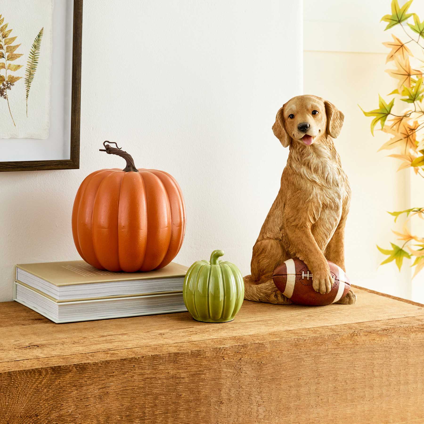Sitting Golden Retriever with Paw on Football, 14"