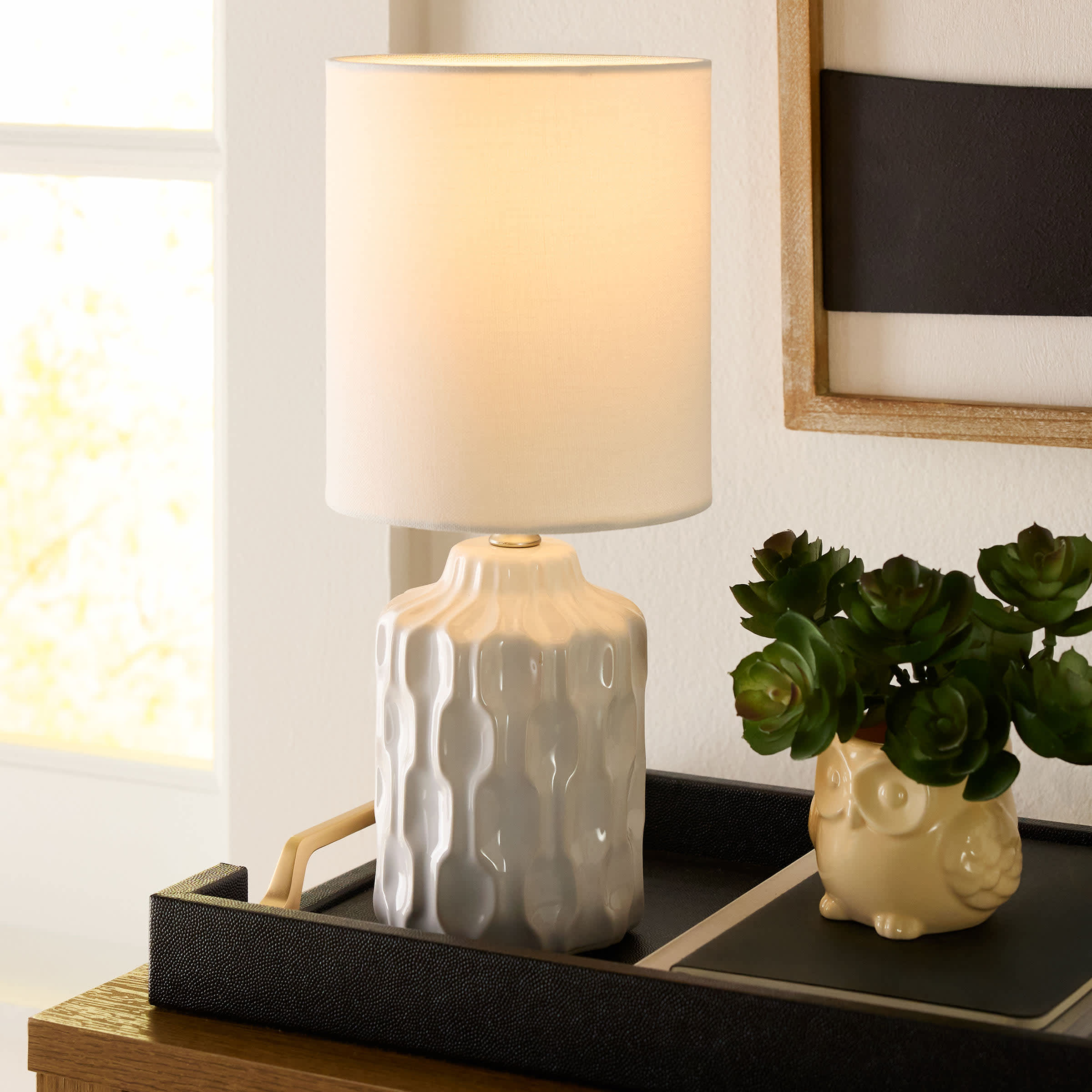 Honeybloom Cream Ceramic Groove Mini Table Lamp with Shade, 13"