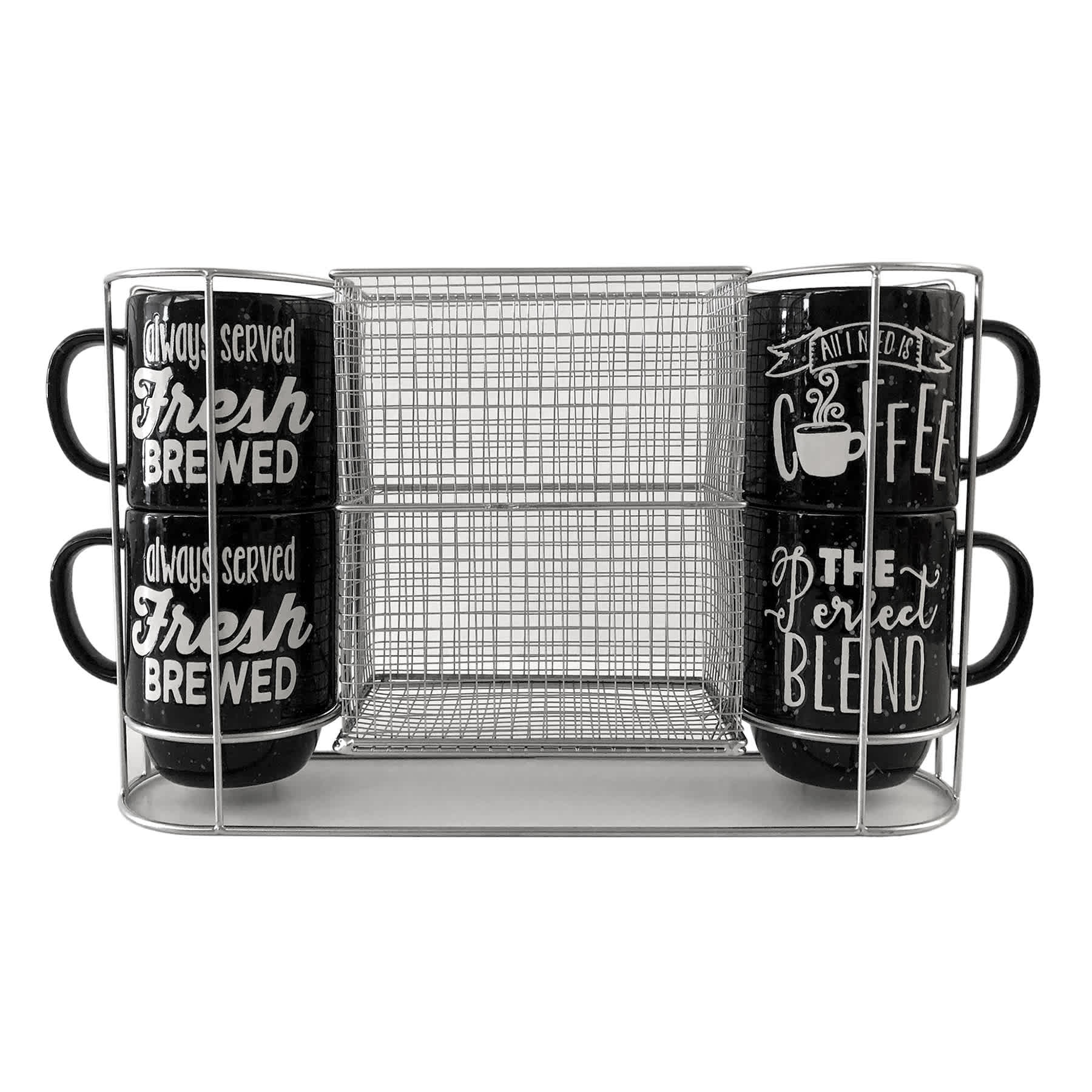 Set of 4 Stacked Black Mugs with Metal Stand, 14oz