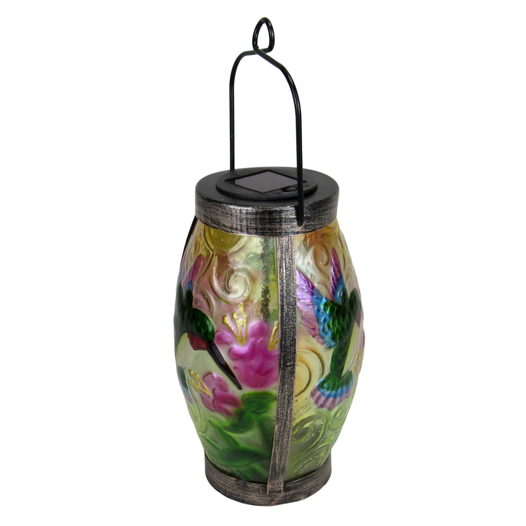 Glass Outdoor Solar Lantern with Hummingbird, 10"
