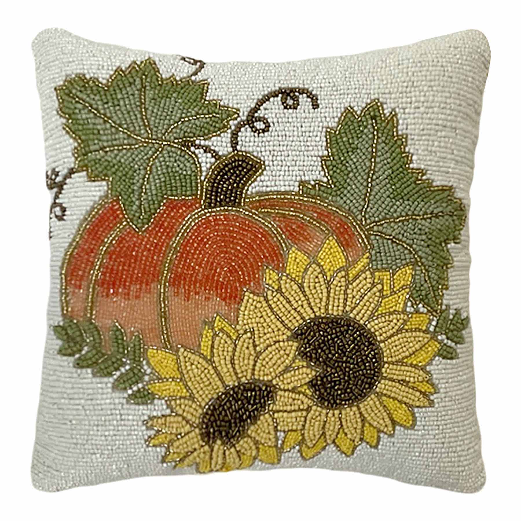 Pumpkin & Sunflower Beaded Throw Pillow,12"