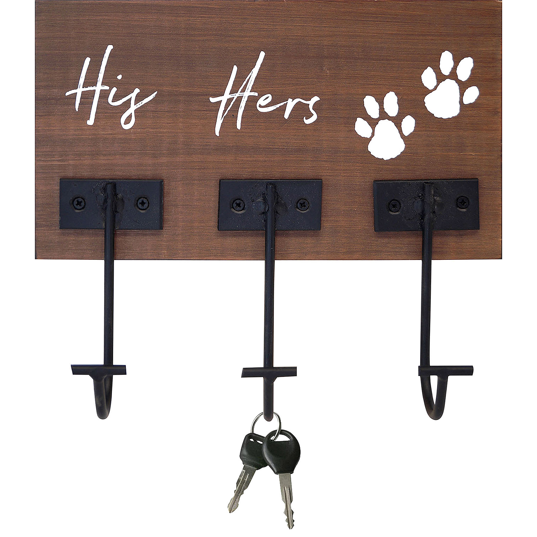 His, Hers, Pawprint Wooden Wall Sign with Hooks, 7X9