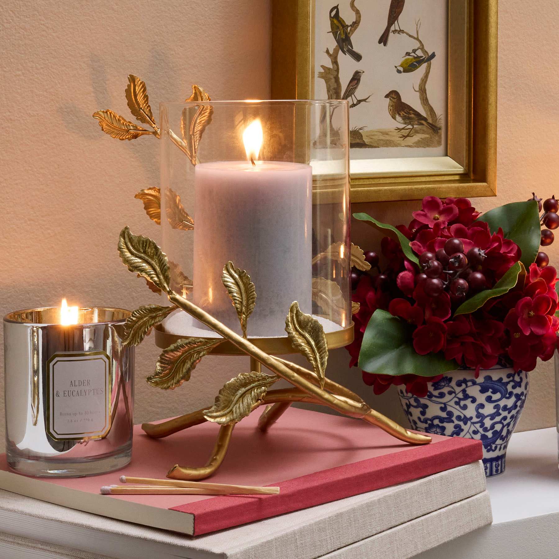 Providence Gold Metal Leaves & Glass Candle Holder, 10"