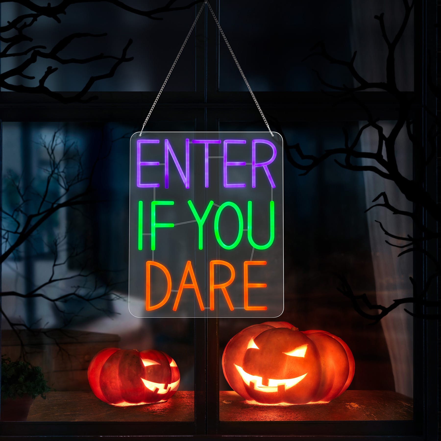 Green & Orange Neon Enter If You Dare Hanging Halloween Décor
