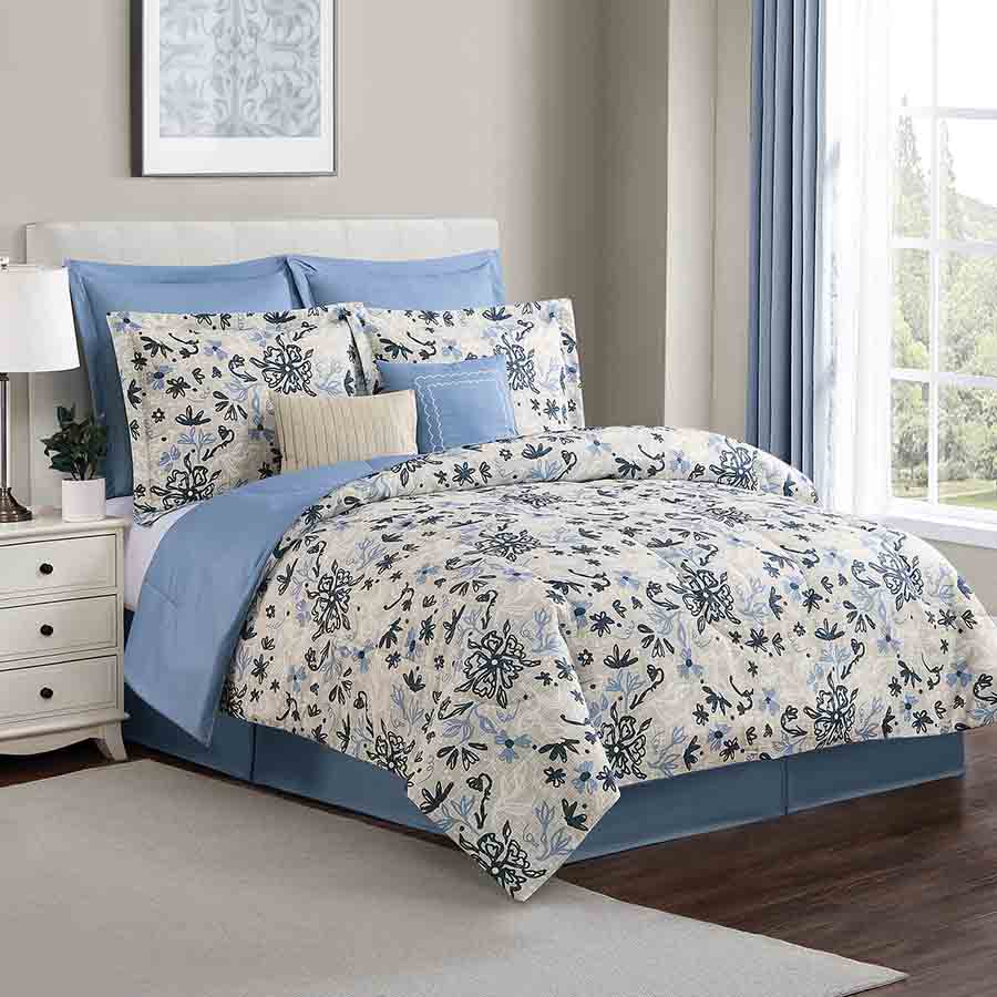 8-Piece Blue & White Floral Linen Essential Comforter Set, Twin