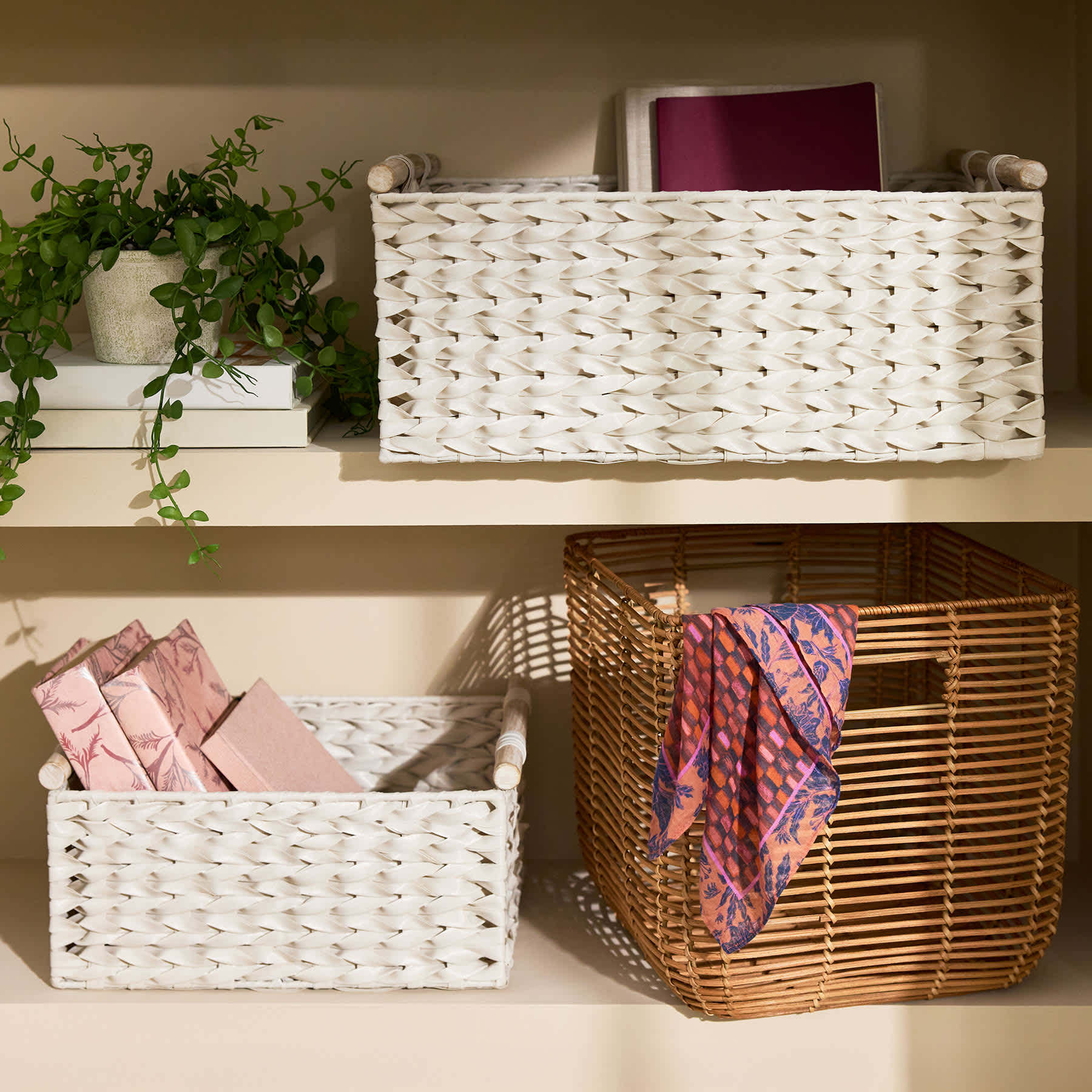Found & Fable White Rattan Rectangle Storage Basket with Wooden Handle, Small