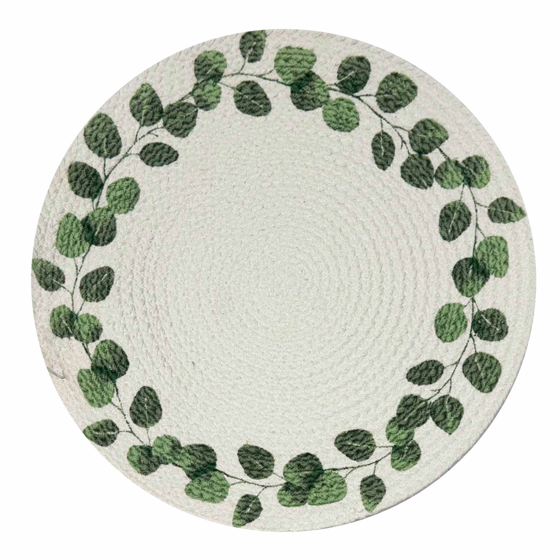 Green Leaf Print Braided Round Placemat, 15"