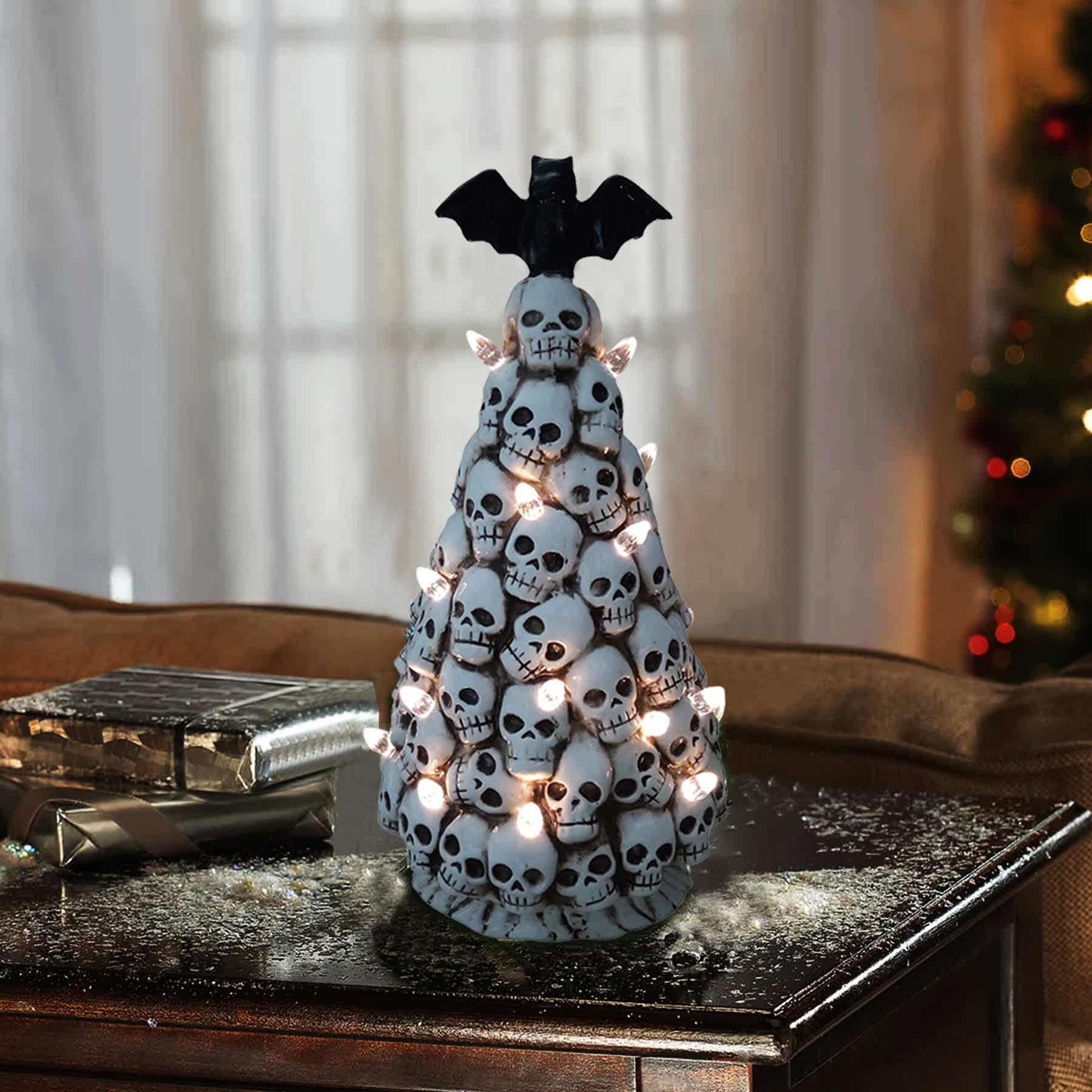 Midnight Shadows White Skull Halloween Tree, 14.5"