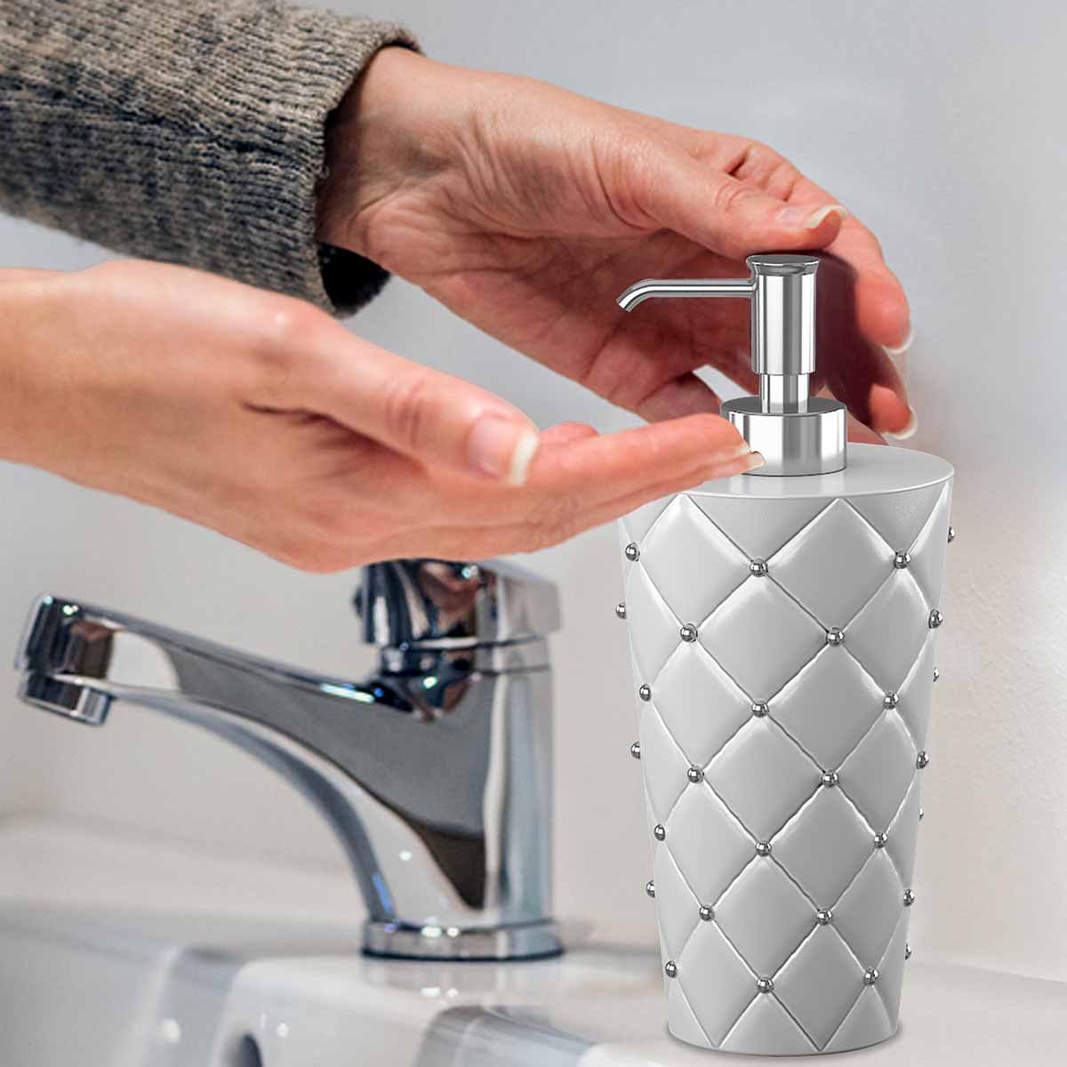 Providence White Quilted Stud Soap Dispenser, 8"
