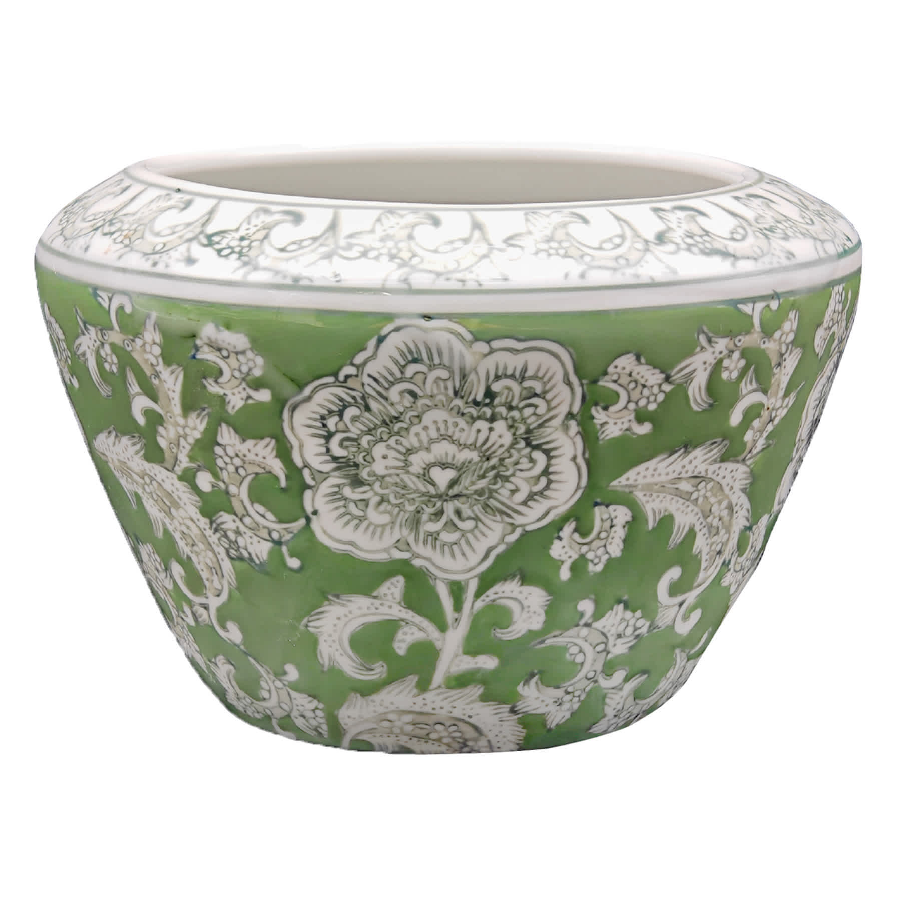 Green Chinoiserie Porcelain Wide Mouth Vase, 8x5