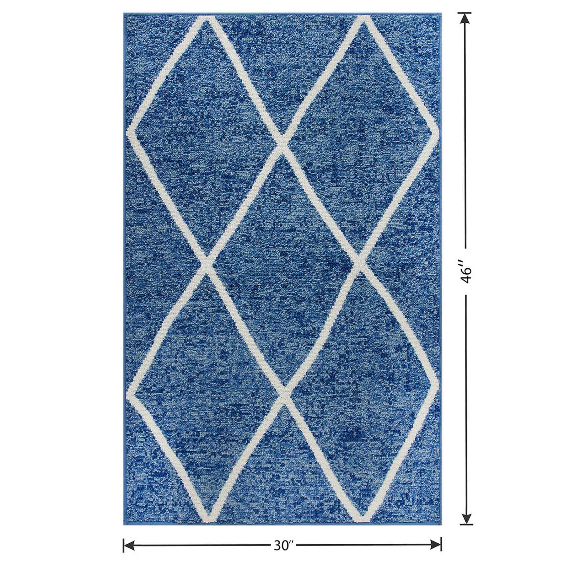 Blue & White Knitted Diamond Gel Back Washable Accent Rug, 30x46