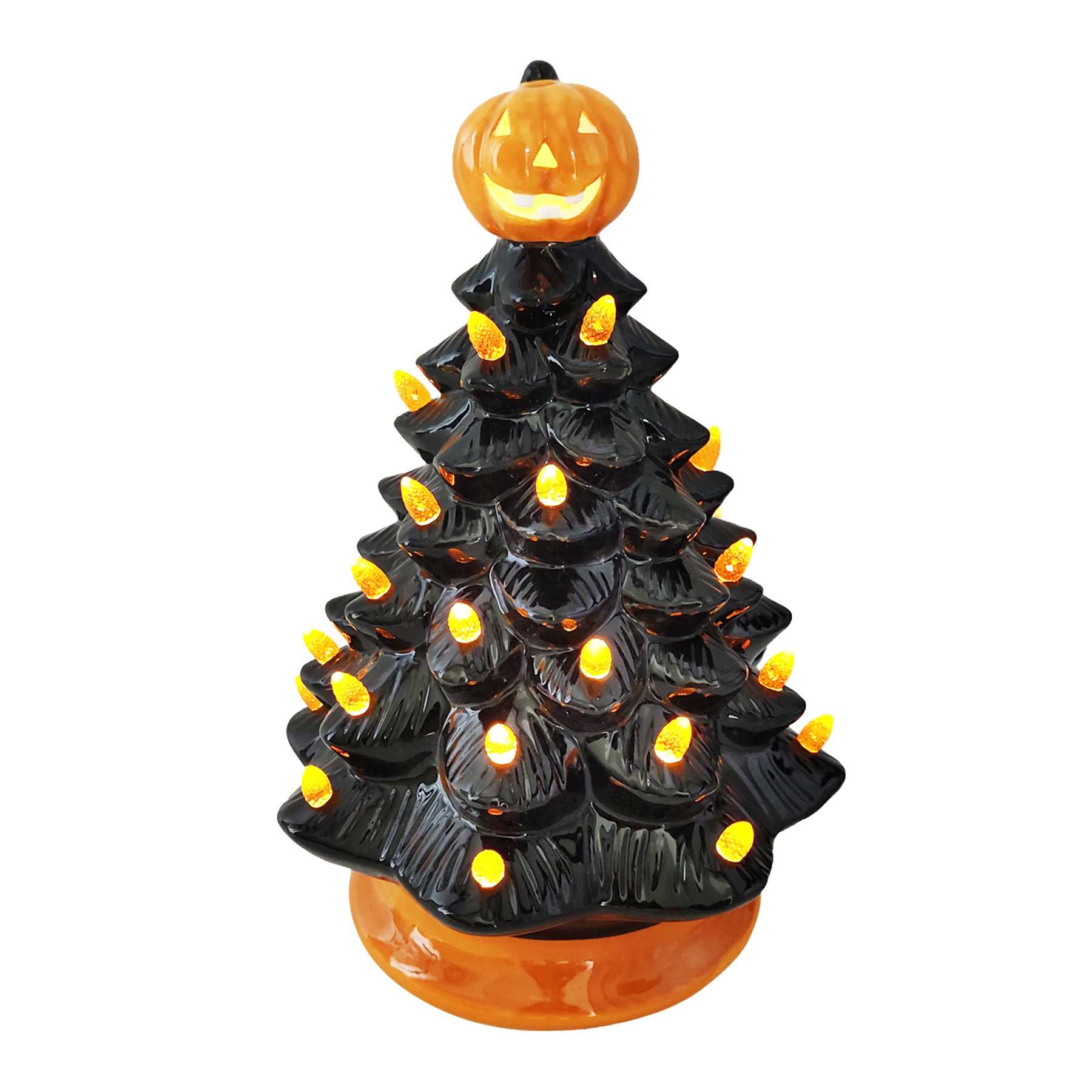 Happy Haunting Jack-o'-Lantern Topped Black Halloween Ceramic Tree, 9.8"