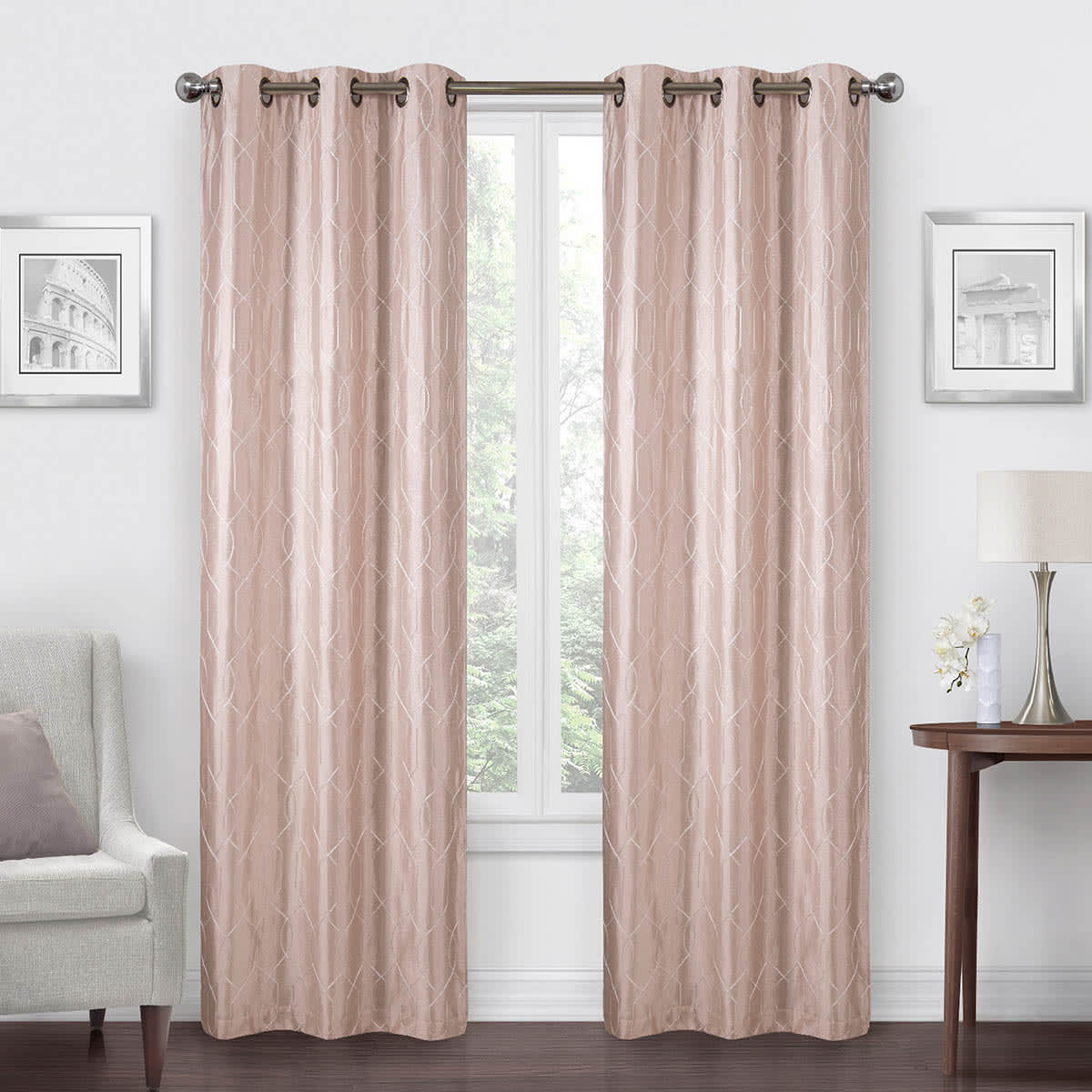 Pink Faux Silk Embroidered Blackout Grommet Curtain Panel, 84"