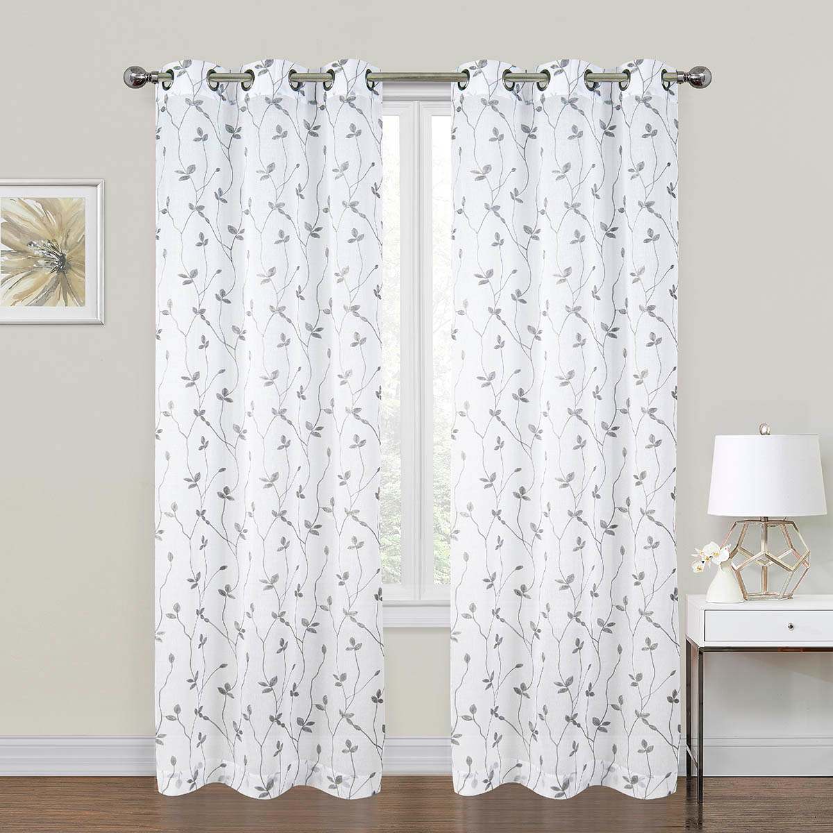2-Pack White & Grey Embroidered Leaf Grommet Curtain Panels, 95"