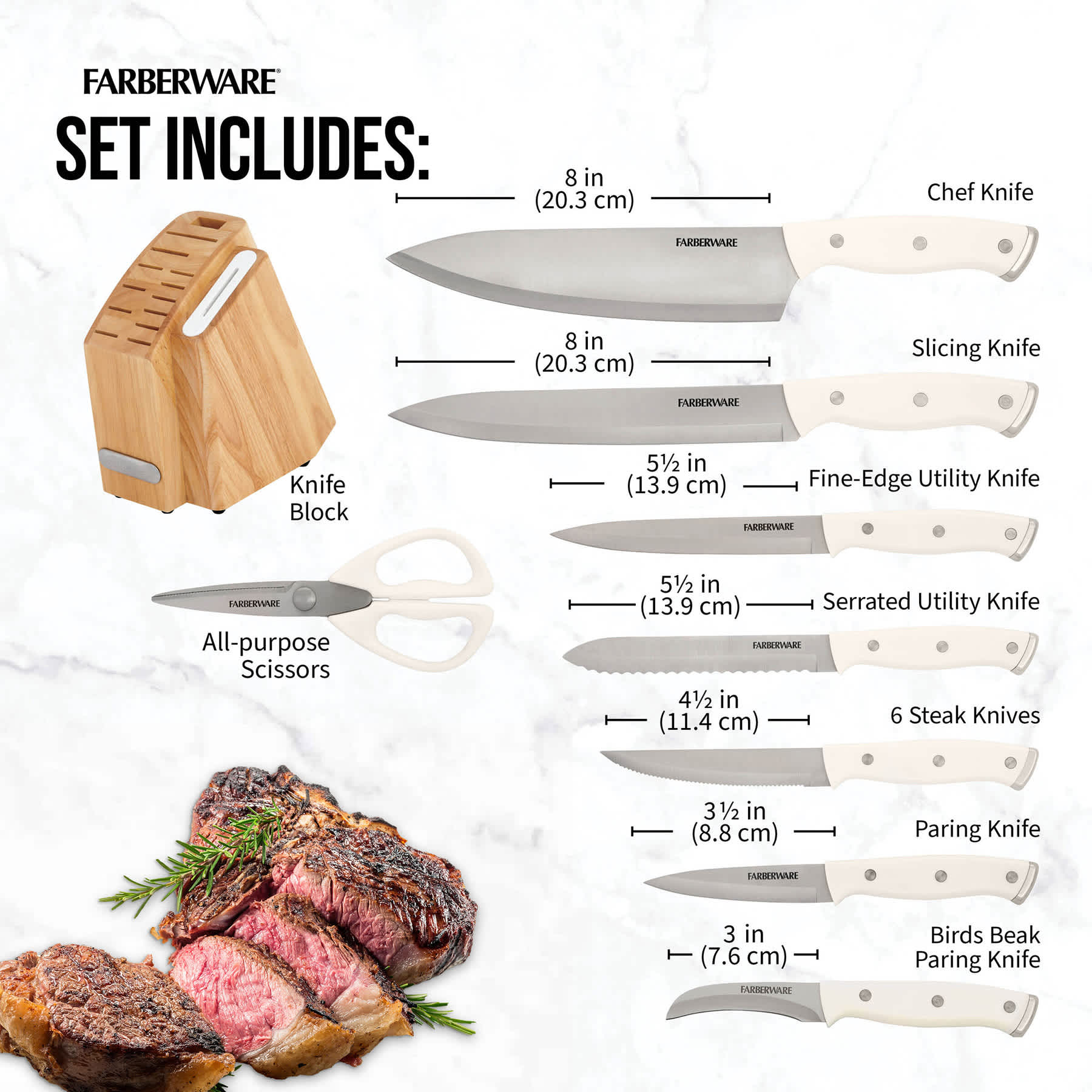 Farberware 14-Piece Slim Cutlery Block Set, White