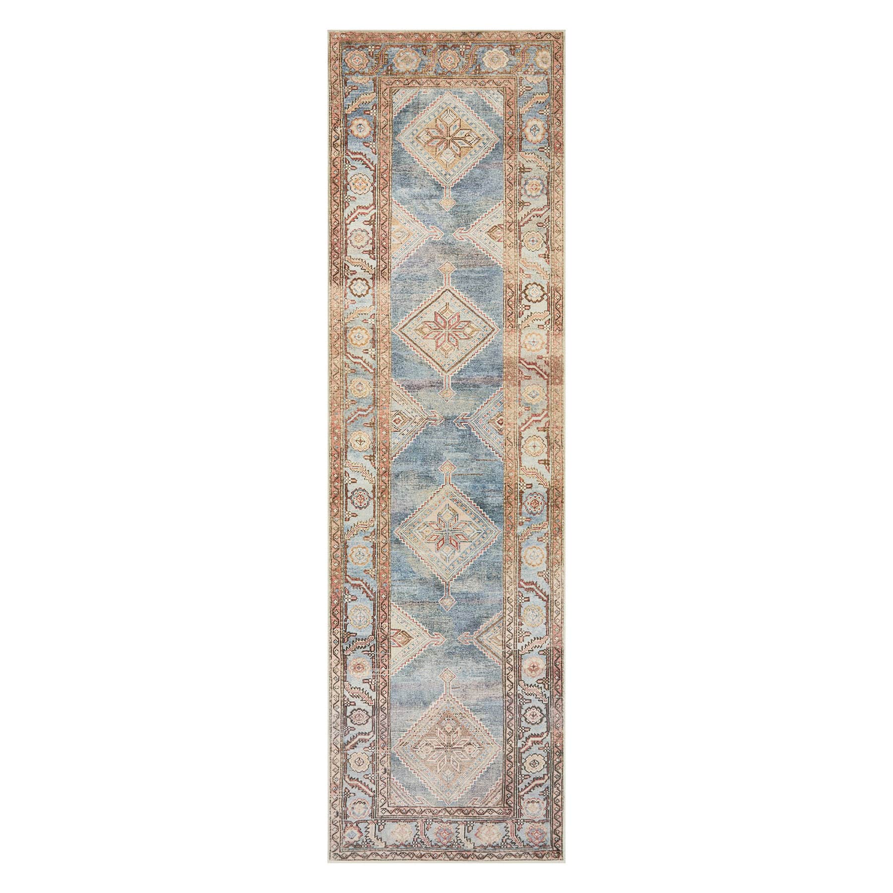 (D569) Freya Blue Multicolor Medallion Washable Runner, 2x7