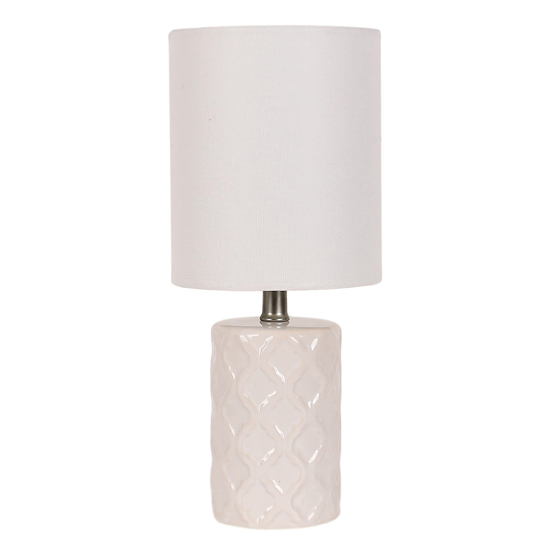 Providence White Quatrefoil Ceramic Mini Table Lamp with Shade, 12"