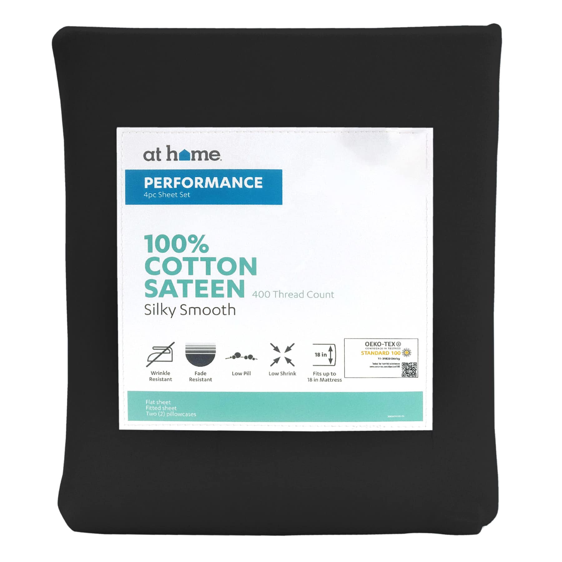 4-Piece Black 400 Thread Count Cotton Performance Sheet Set, King
