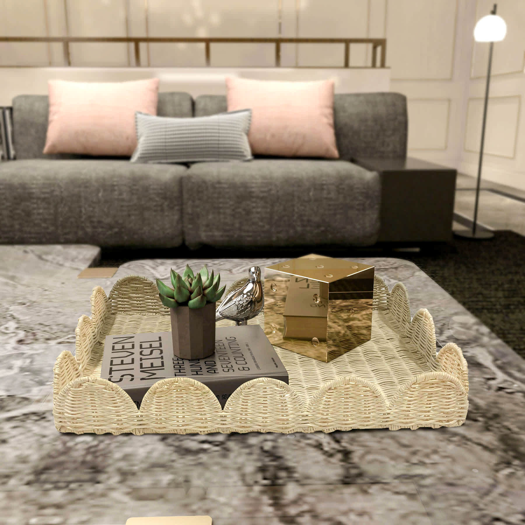 Bleached Rattan Scalloped Tray, 20"