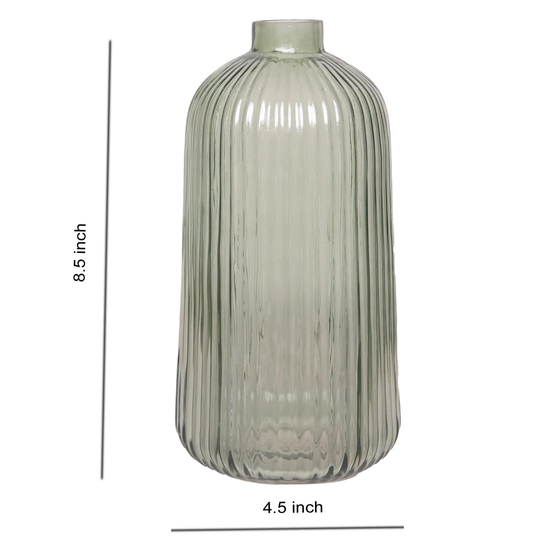 Green Ribbed Narrow Opening Vase, 8.5"