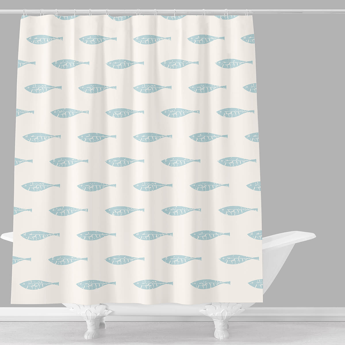 Blue Blockprint Fish Shower Curtain, 72"