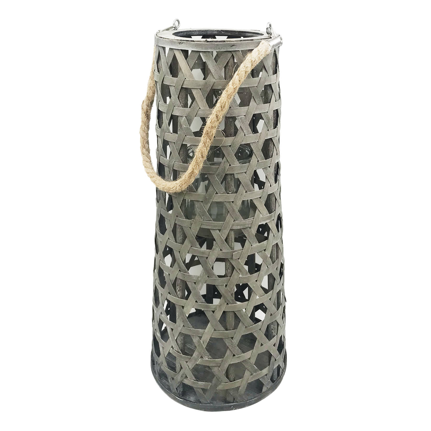 Grey Wood Cutout Lantern with Rope Handle, 20"
