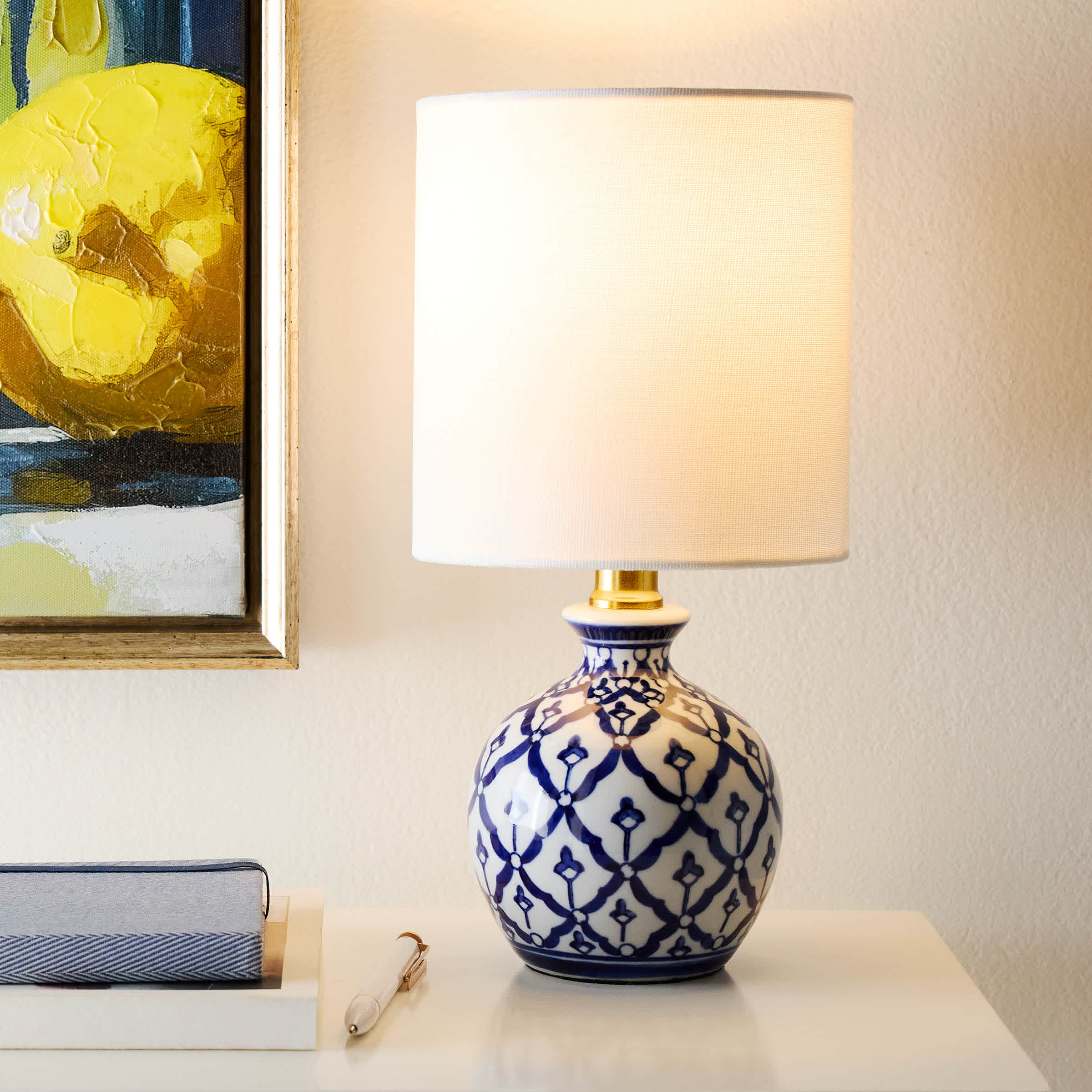 Providence Blue & White Printed Mini Table Lamp with Shade, 12"