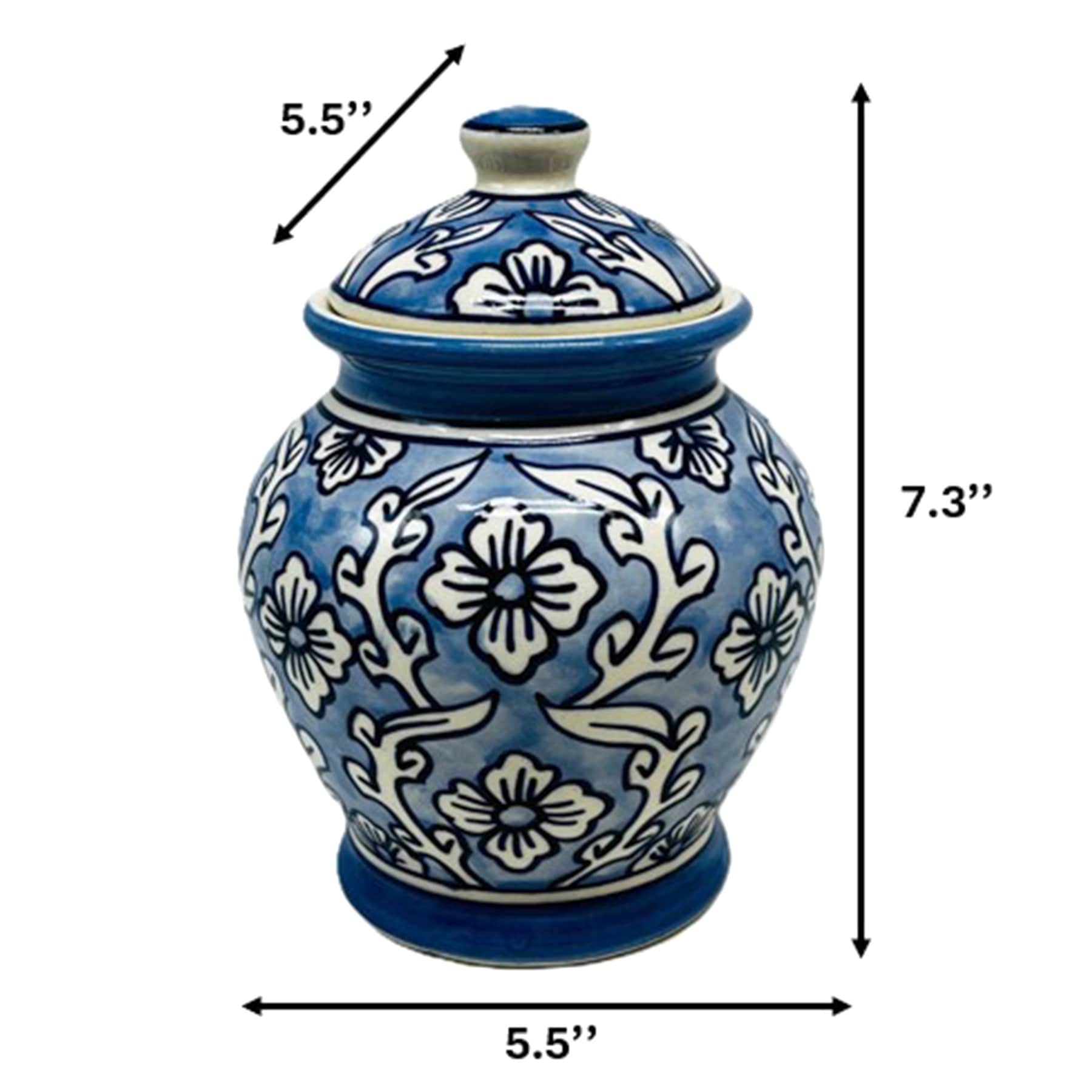 Light Blue Handpainted Floral Ceramic Ginger Jar, 7.5"