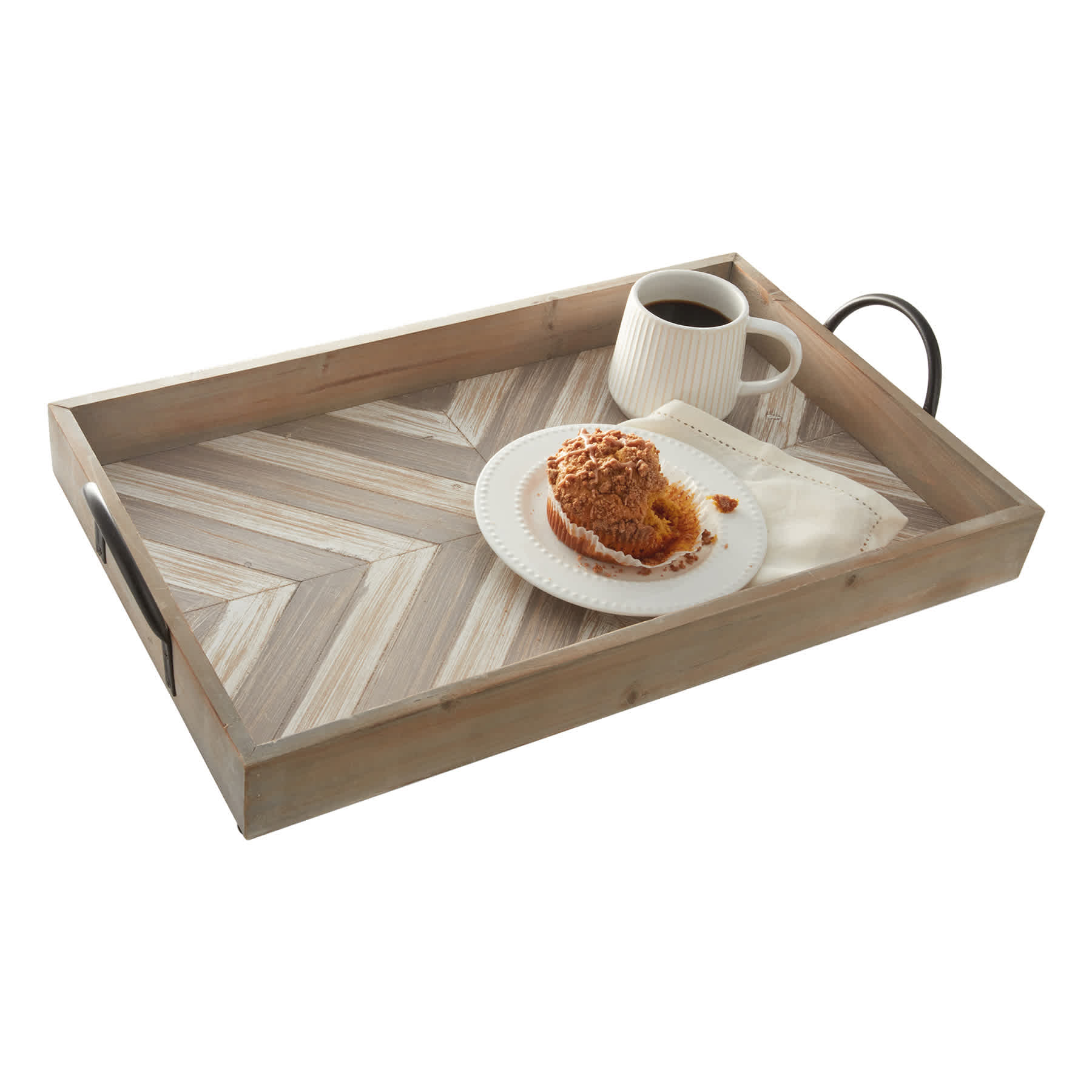 Brown Chevron Wooden Decorative Tray with Iron Handles, 25x15