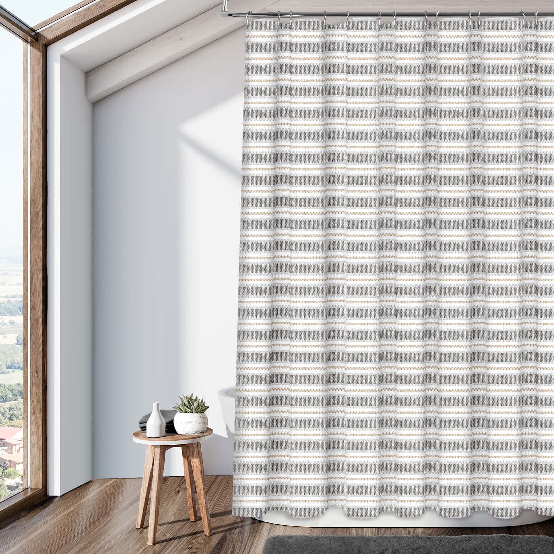 13-Piece Grey Stone Striped Print Shower Curtain Set, 72"
