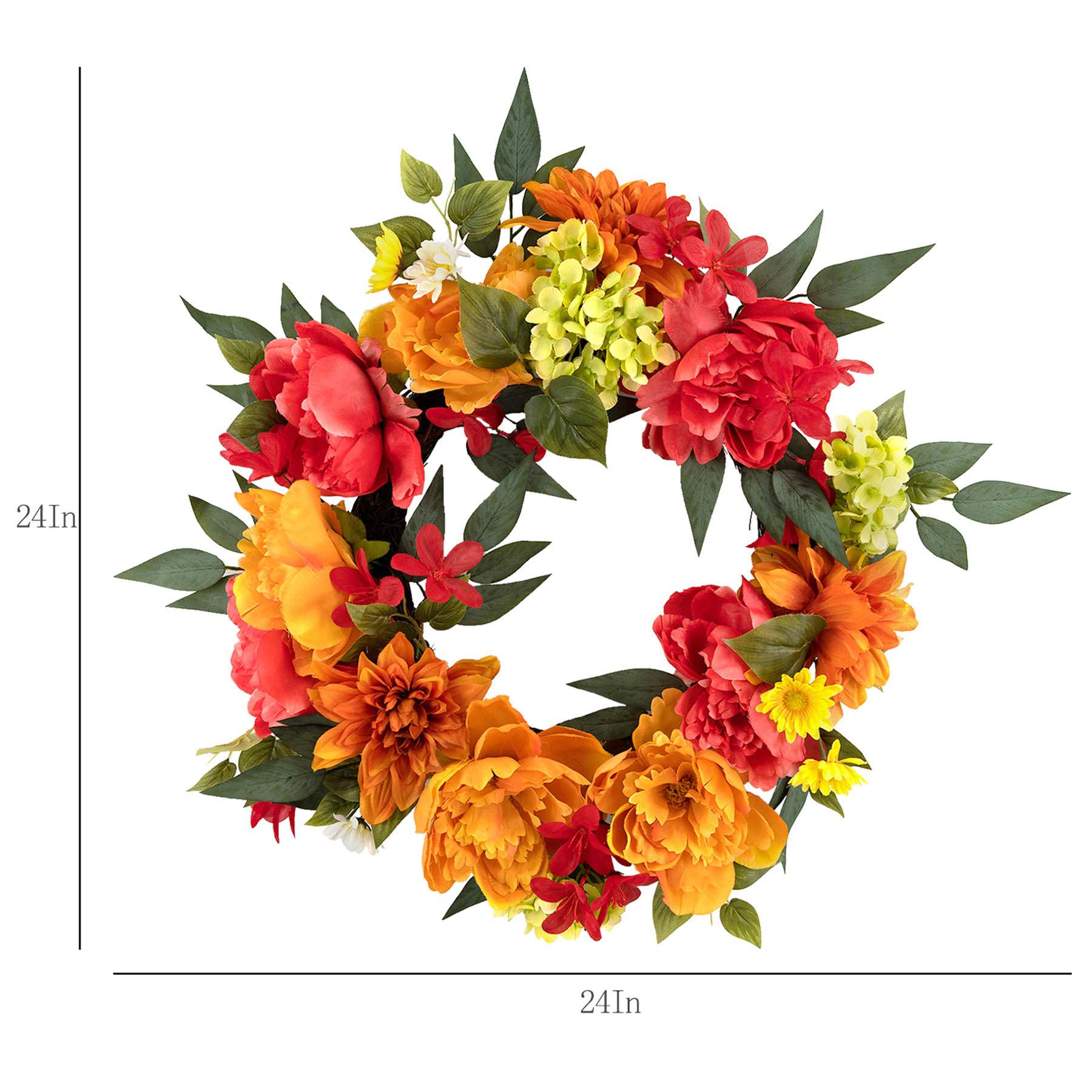 Orange & Red Mixed Peony & Dahlia Wreath, 24"