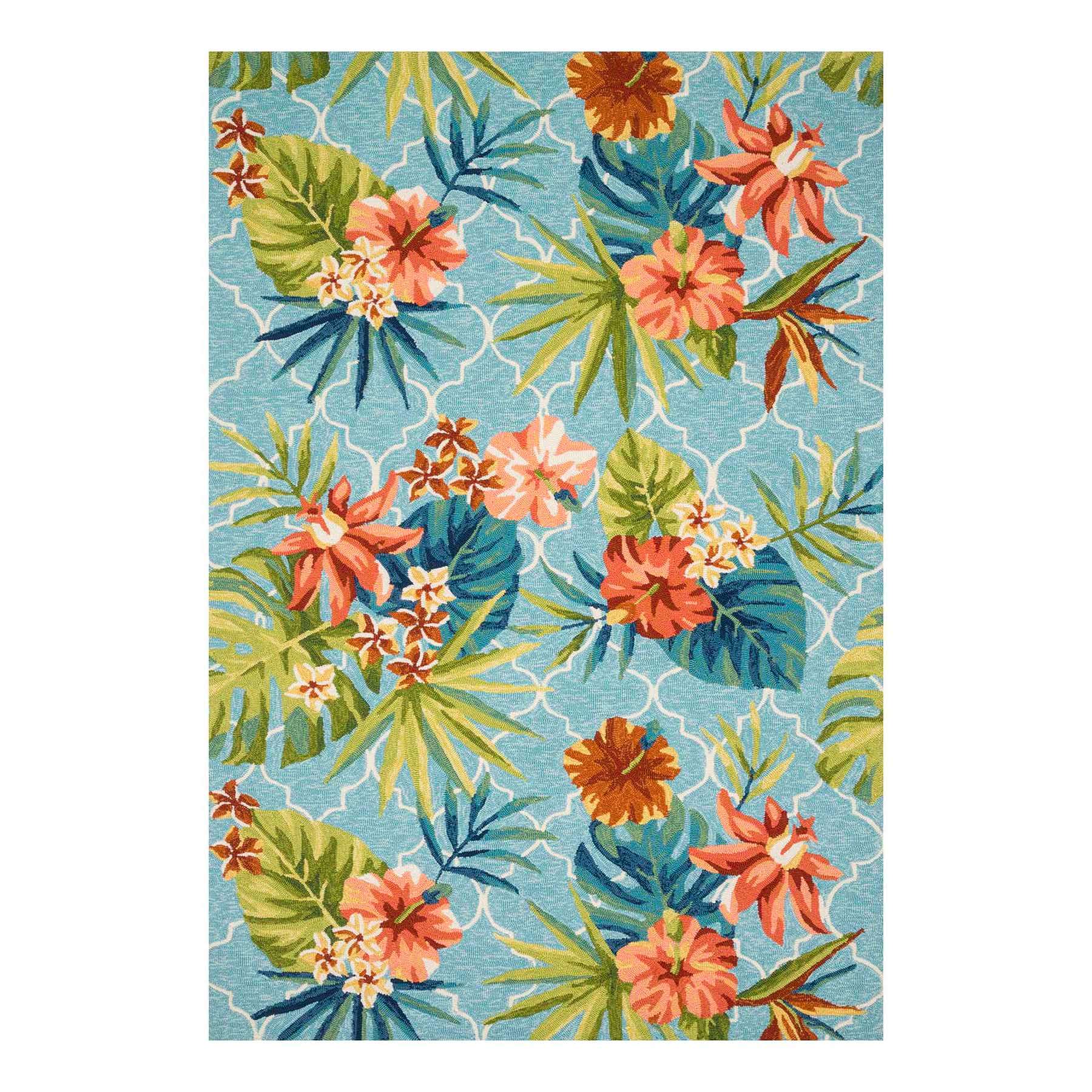 (E227) Santa Monica Trellis Aqua Floral Indoor & Outdoor Area Rug, 7x10
