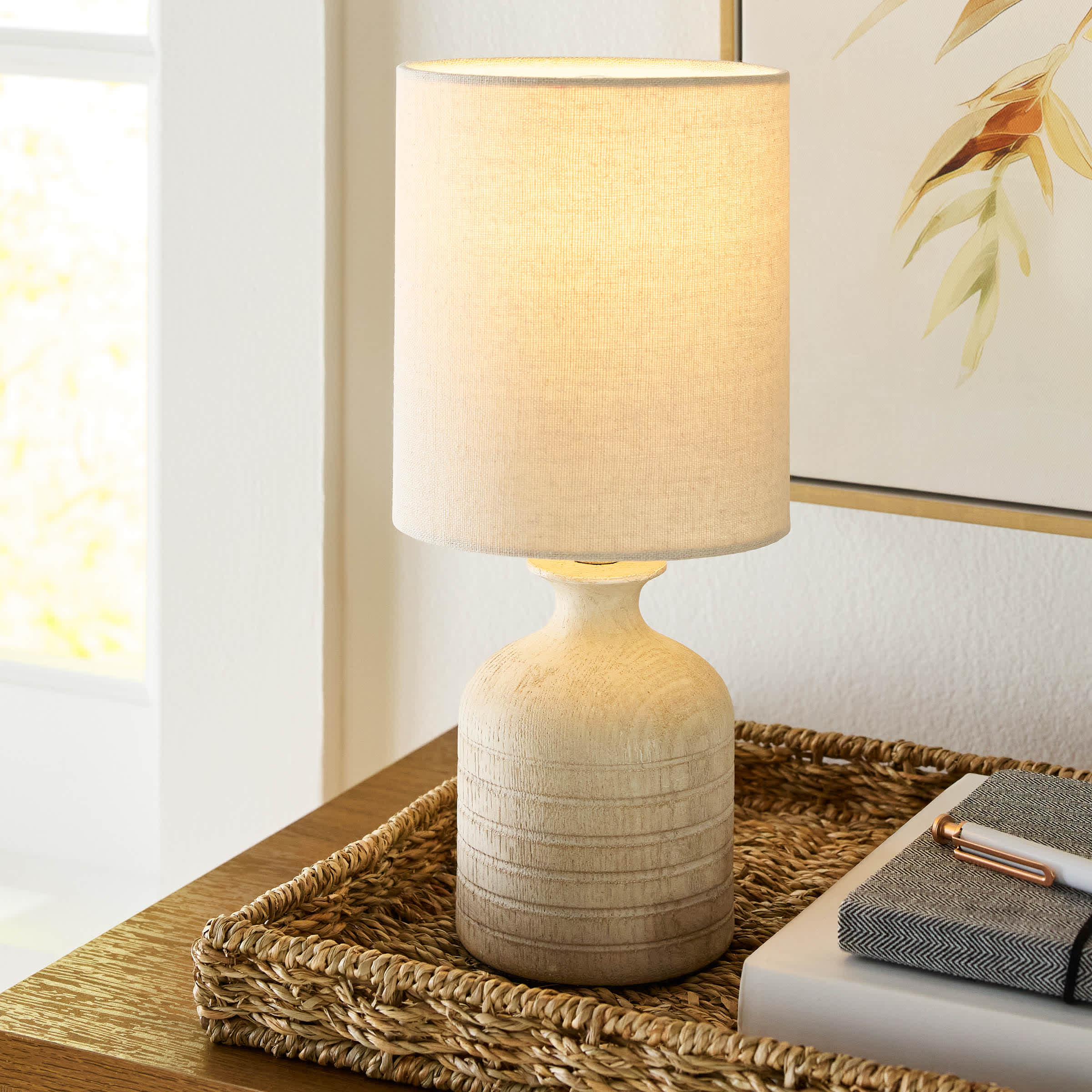 Whitewash Wood Finish Mini Table Lamp with Shade, 12"