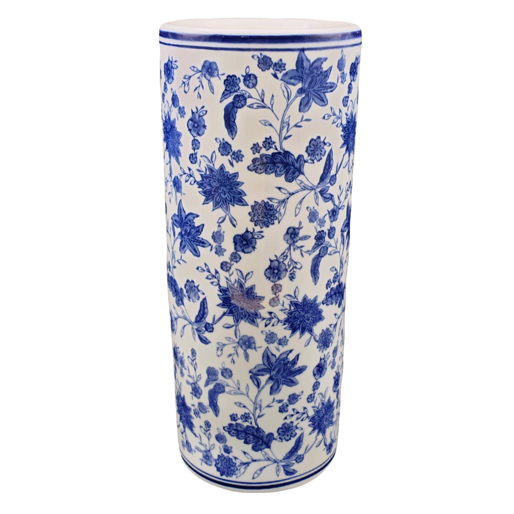 Blue & White Chinoiserie Cylinder Porcelain Vase, 23"