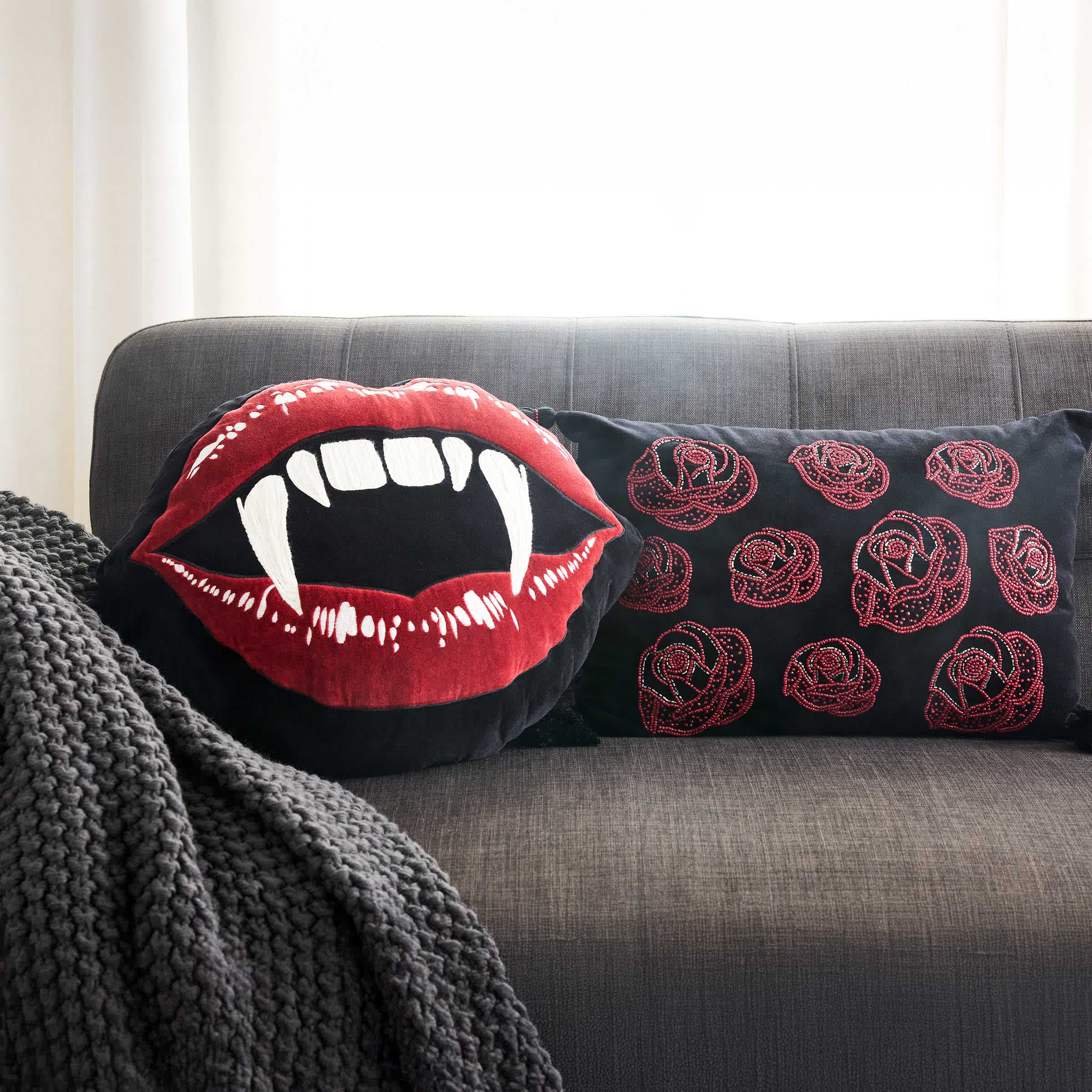 Midnight Shadows Halloween Fangs Shaped Throw Pillow, 18x15