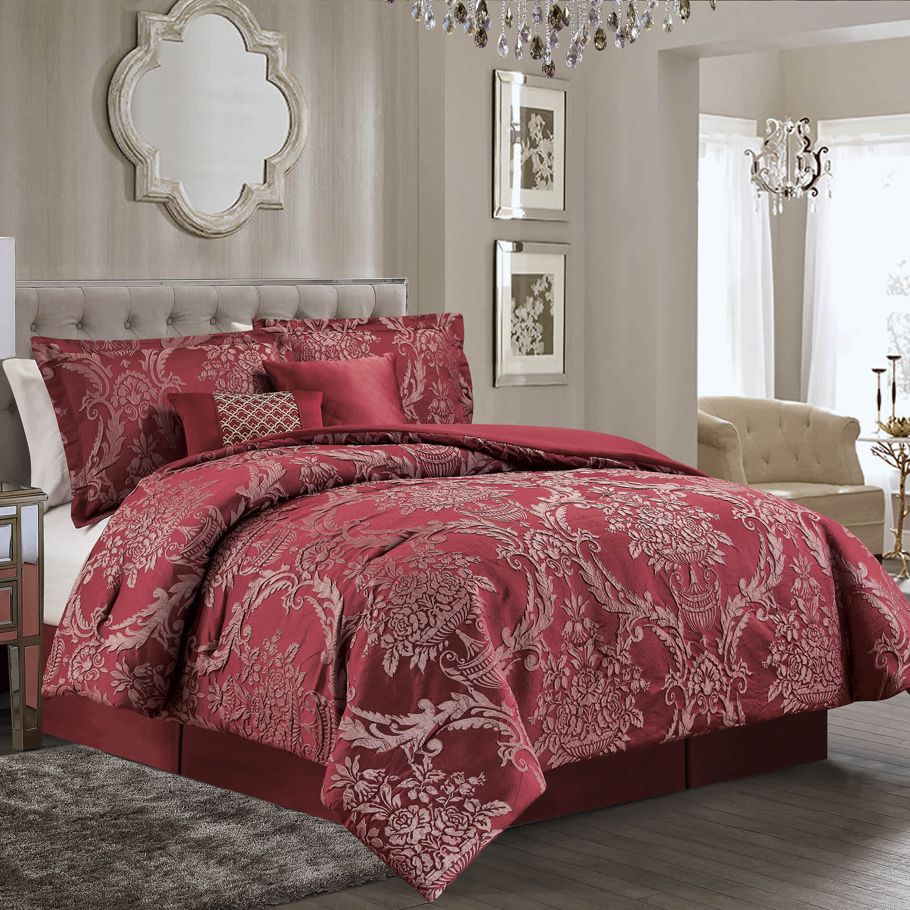 6-Piece Bellmead Red Jacquard Comforter Set, Queen