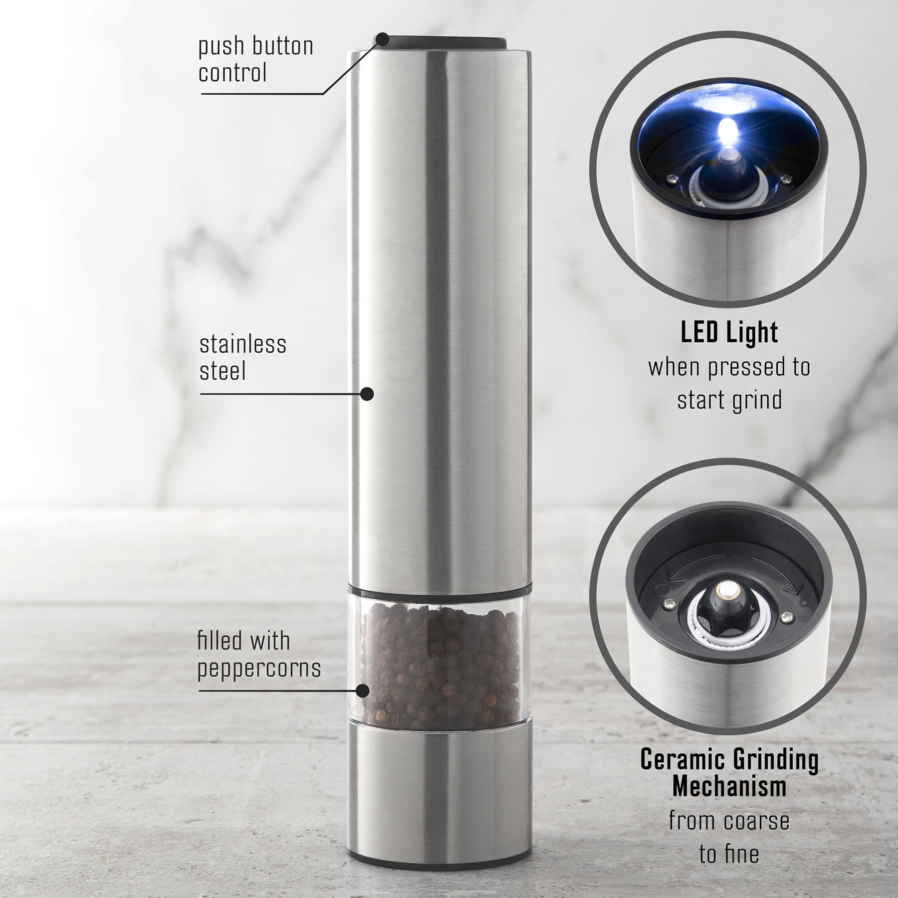 Kam Battery Operated Grinder with Peppercorn