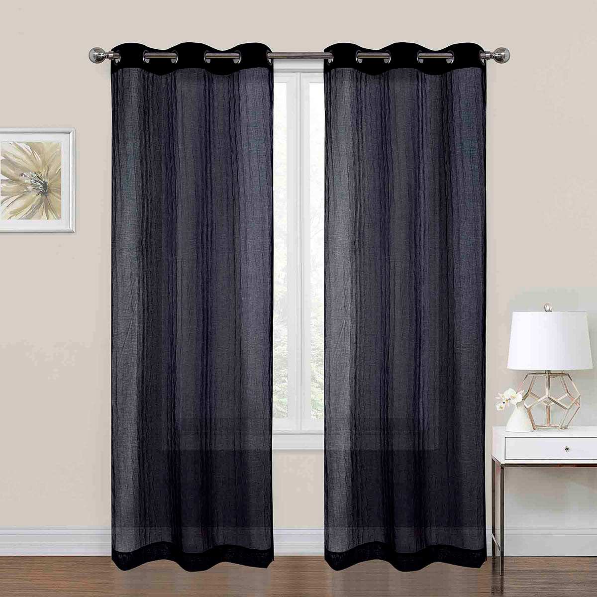 2-Pack Black Crushed Sheer Grommet Curtain Panels, 84"