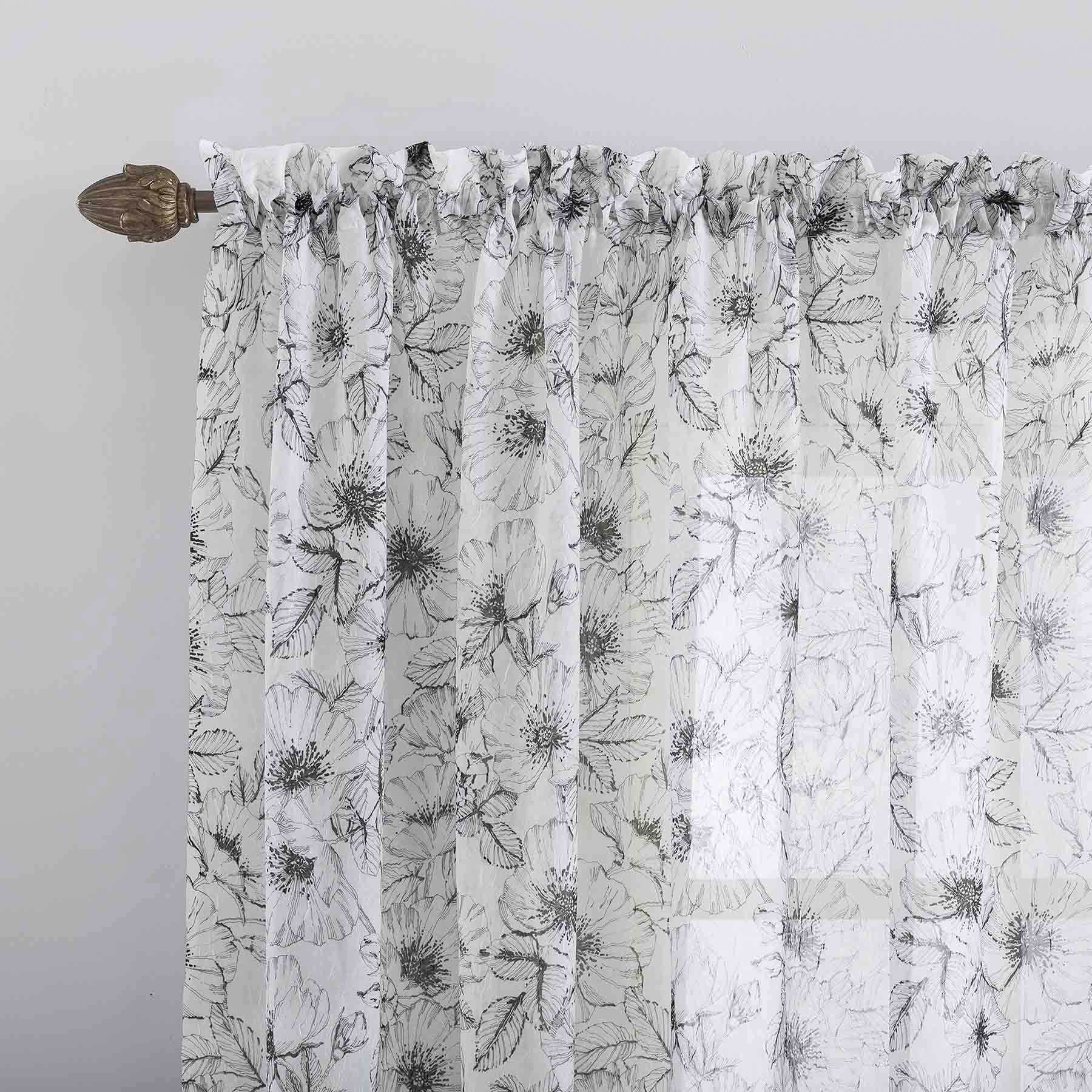 Grey & White Poppy Print Rod Pocket Sheer Curtain Panel, 84"