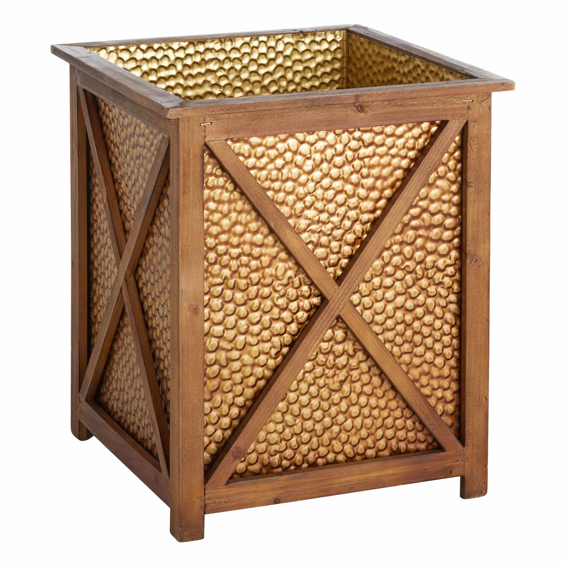 Honeybloom Honey Hammered Metal & Wood Outdoor Planter, Medium
