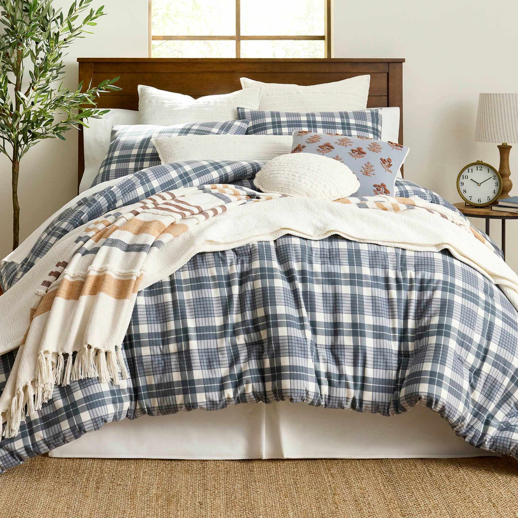 Honeybloom 3-Piece Blue Plaid Flannel Printed Cotton Comforter Set, Full/Queen